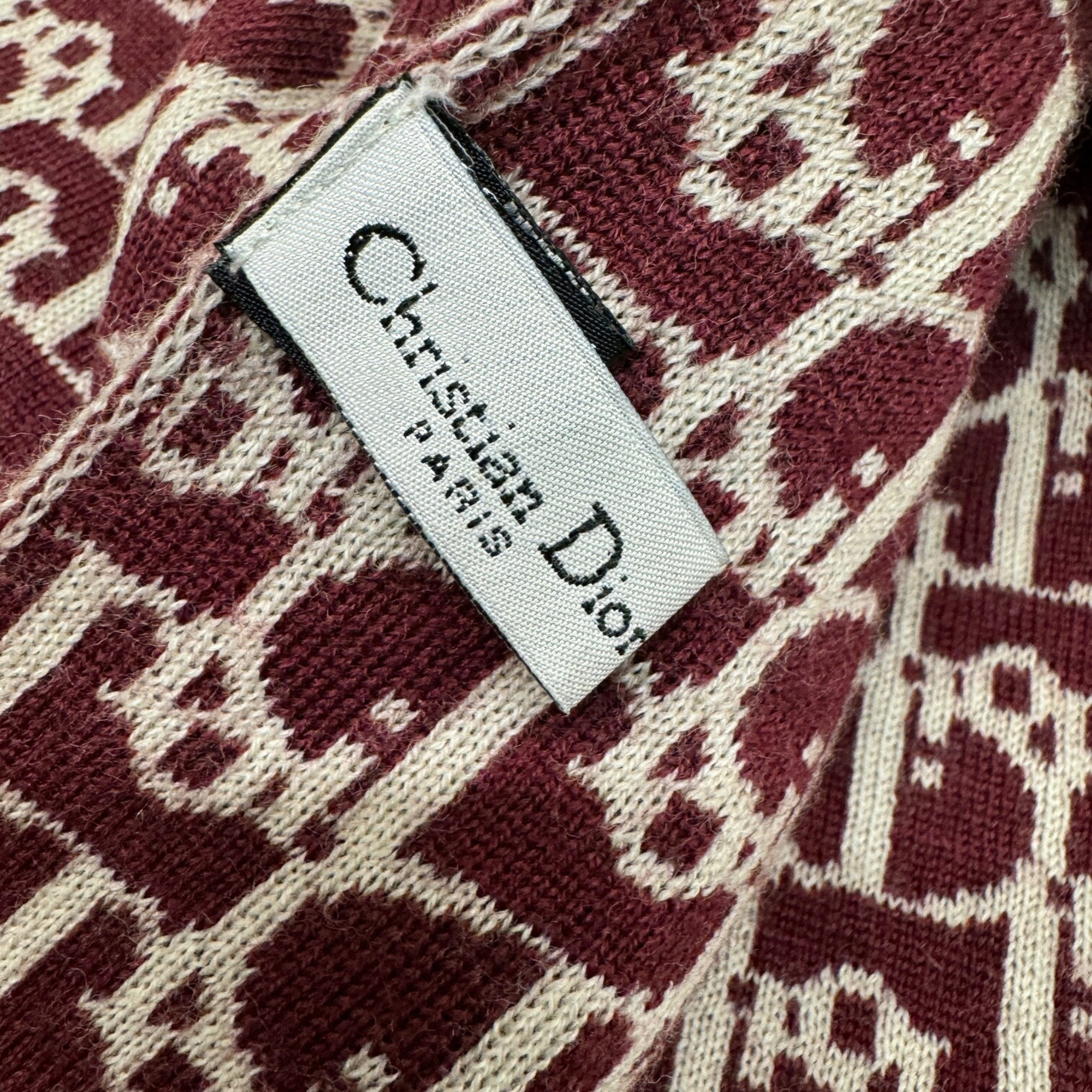 CHRISITIAN DIOR Christian Dior Muffler Trotter Pattern Wine Red Bordeaux Ivory Reversible 100% Wool Jacquard Ladies