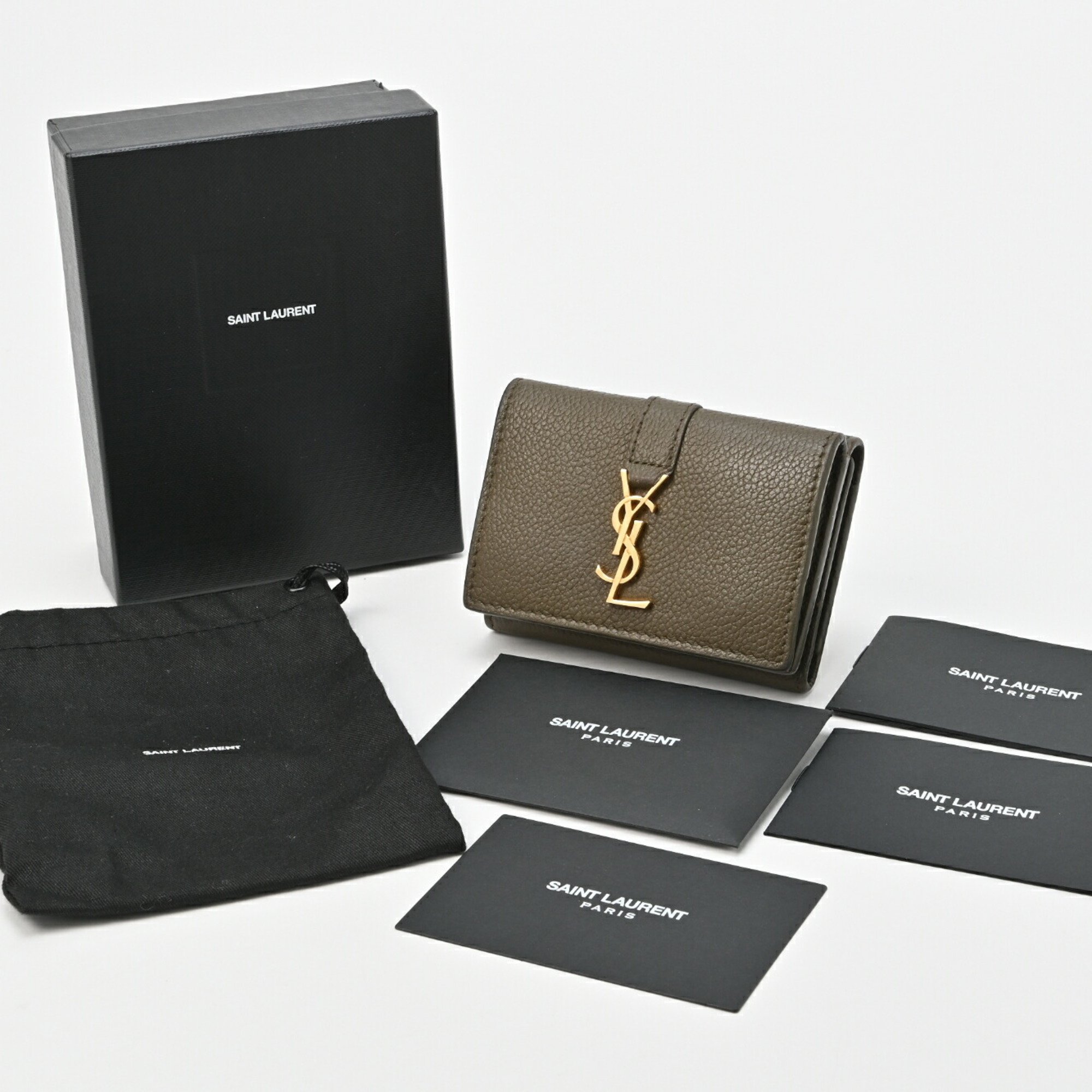 Yves Saint Laurent Saint Laurent YSL Line Origami Tiny Wallet 620287 Grain Leather Khaki S-155071