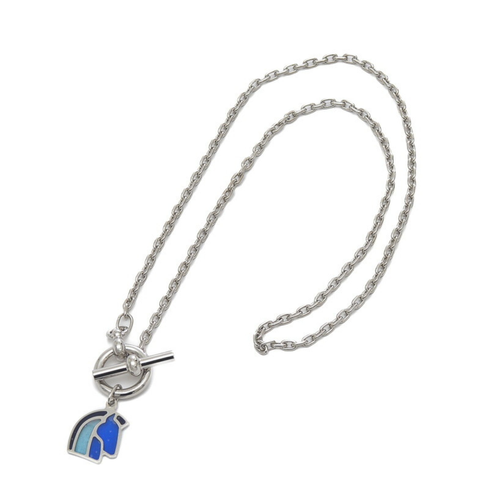 Hermes Helios Cheval Horse Chain Necklace Silver Camaille Blue