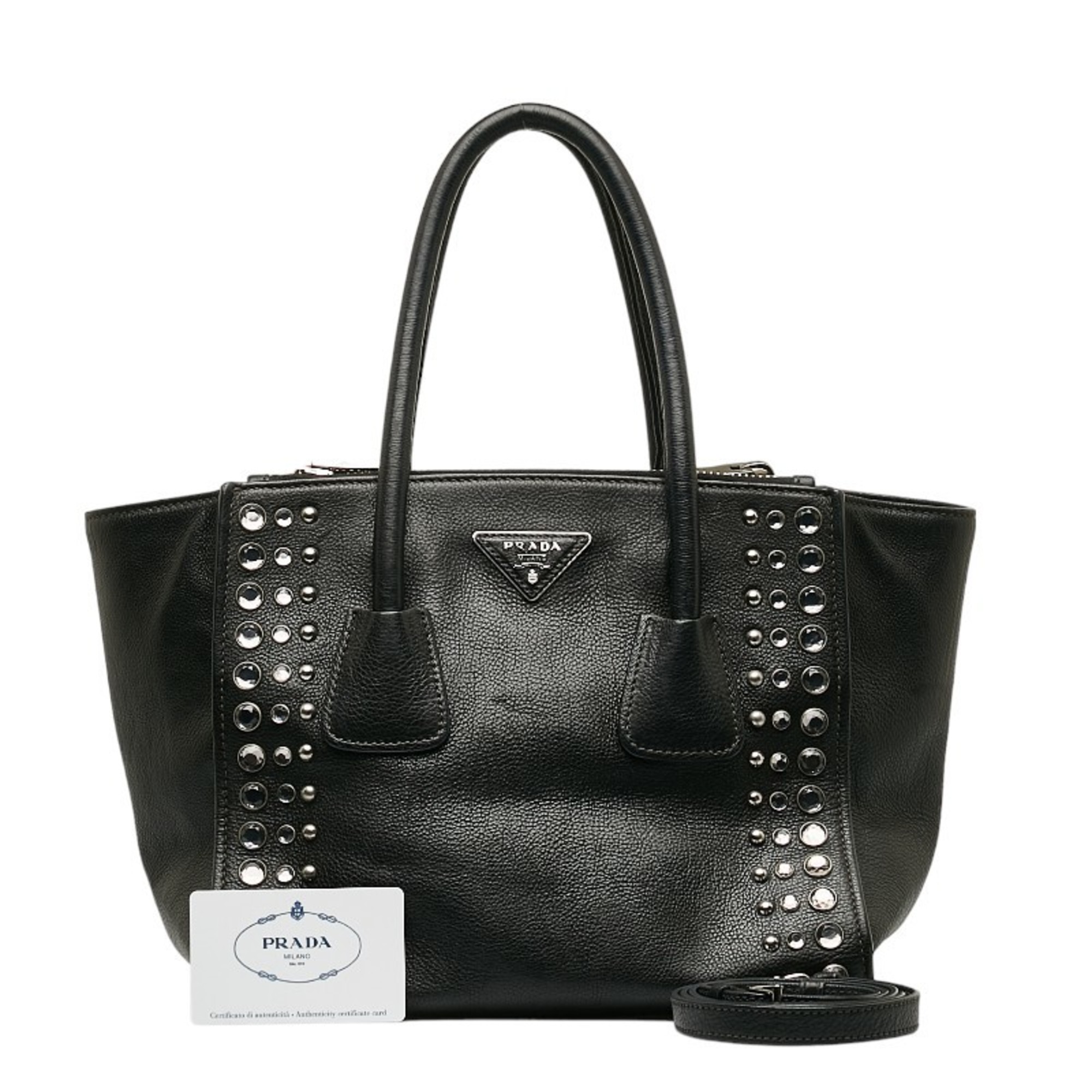 Prada Triangle Plate Diamond Studded Handbag Shoulder Bag B2625O Black Leather Women's PRADA