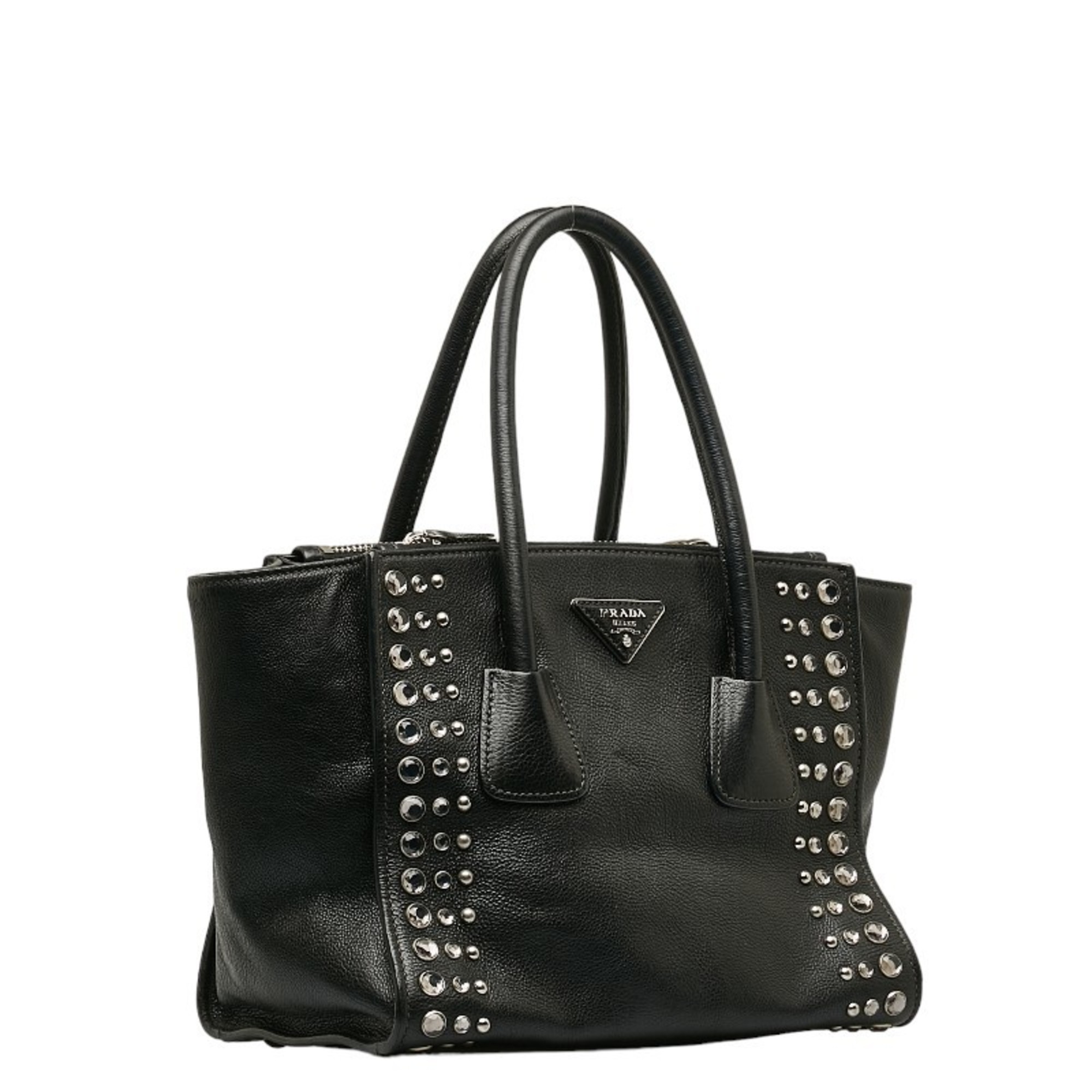 Prada Triangle Plate Diamond Studded Handbag Shoulder Bag B2625O Black Leather Women's PRADA