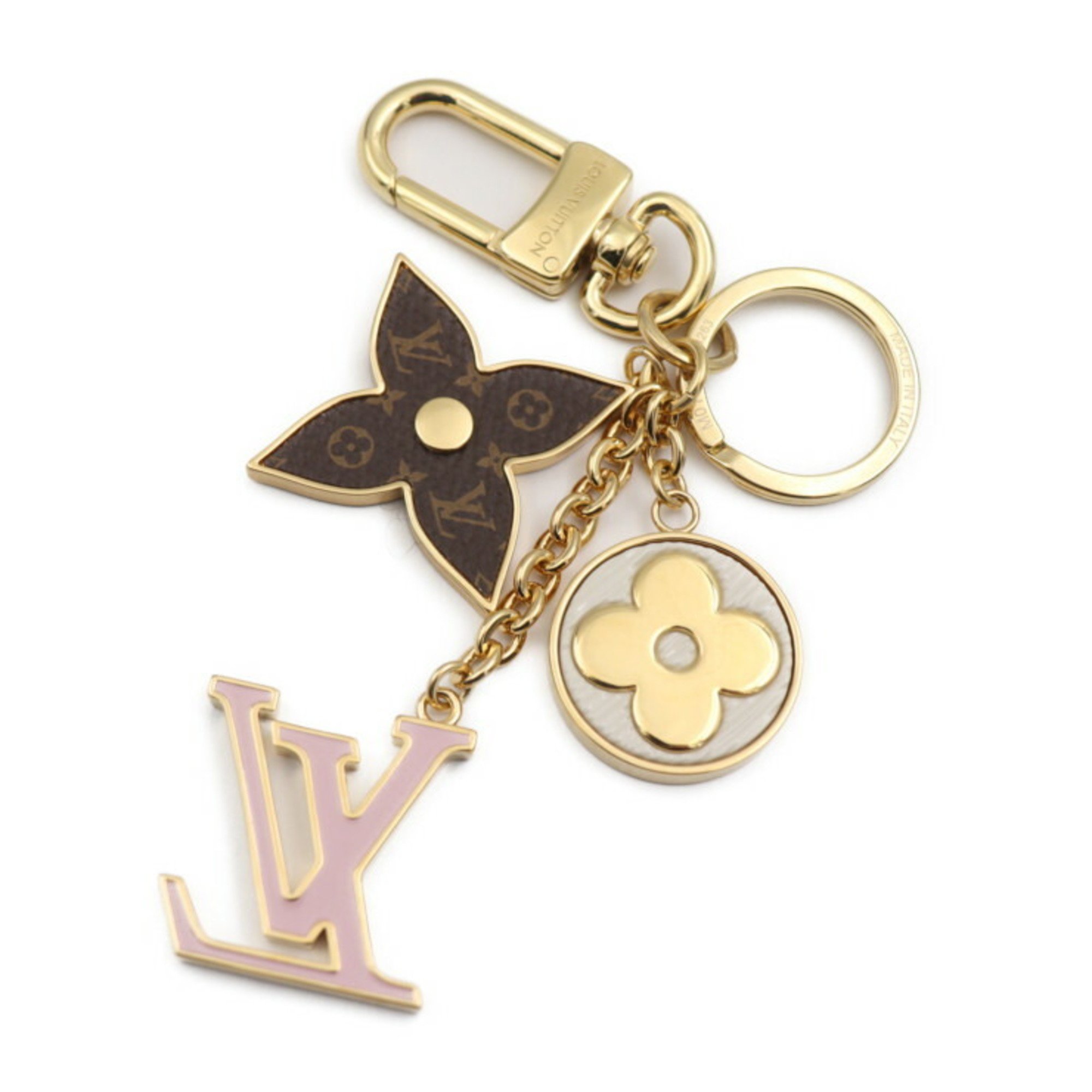 LOUIS VUITTON Spring Street Keychain M01187 Metal Gold Brown Pink White LV Monogram Flower Keyring Bag Charm Vuitton