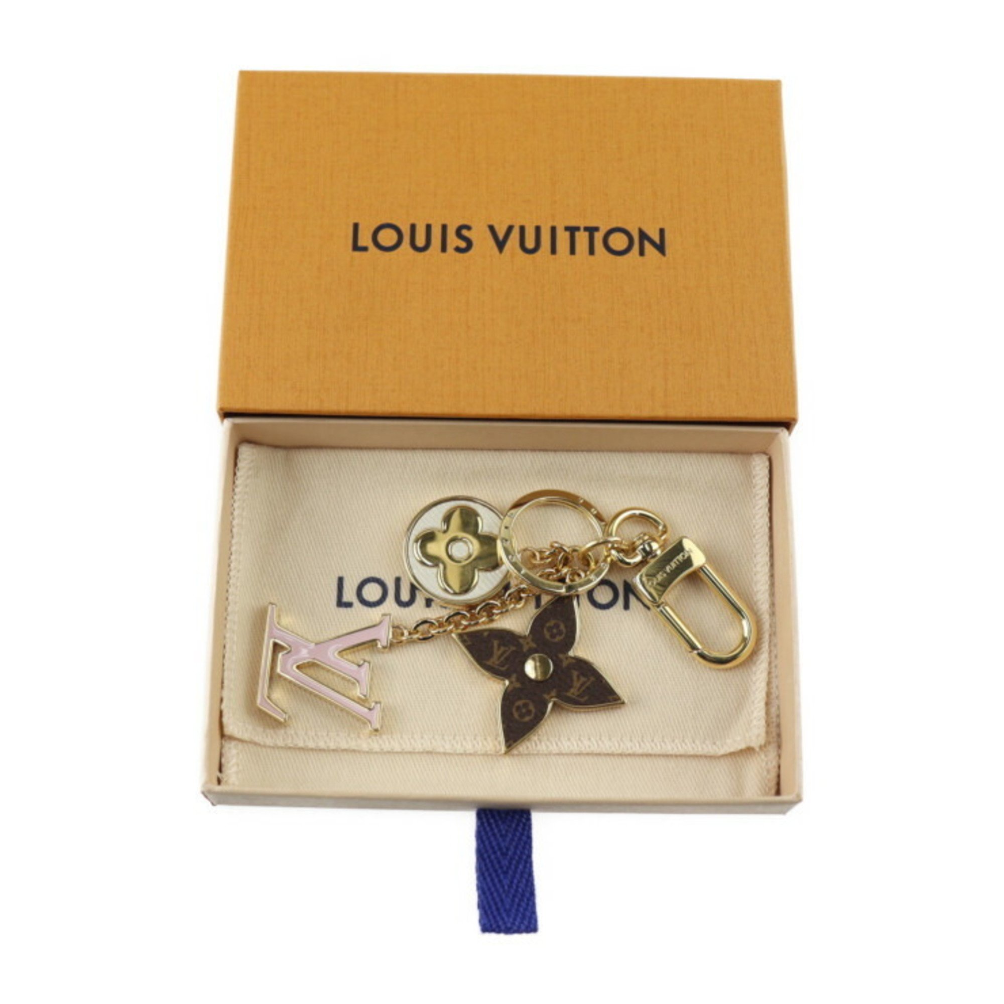 LOUIS VUITTON Spring Street Keychain M01187 Metal Gold Brown Pink White LV Monogram Flower Keyring Bag Charm Vuitton