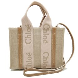 Chloé Chloe Woody Small Tote CHC23AS397L Bag Linen x Leather Beige Pink 251553