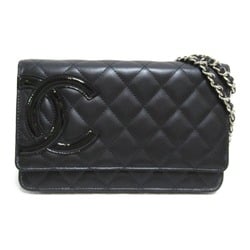 CHANEL Cambon line Chain wallet Black leather Patent leather