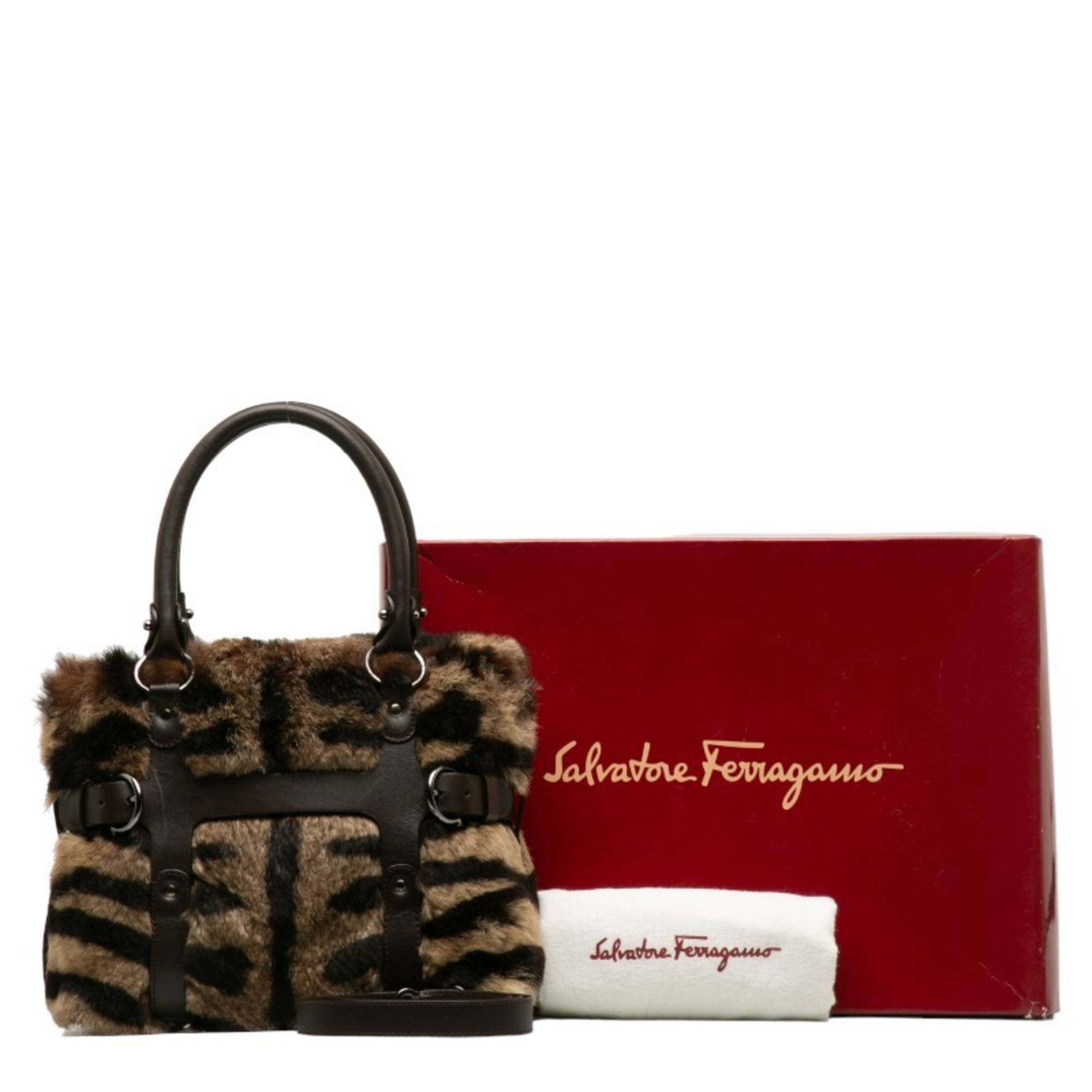 Salvatore Ferragamo Zebra Pattern Handbag Shoulder Bag AF-21 4882 Brown Rabbit Fur Leather Women's