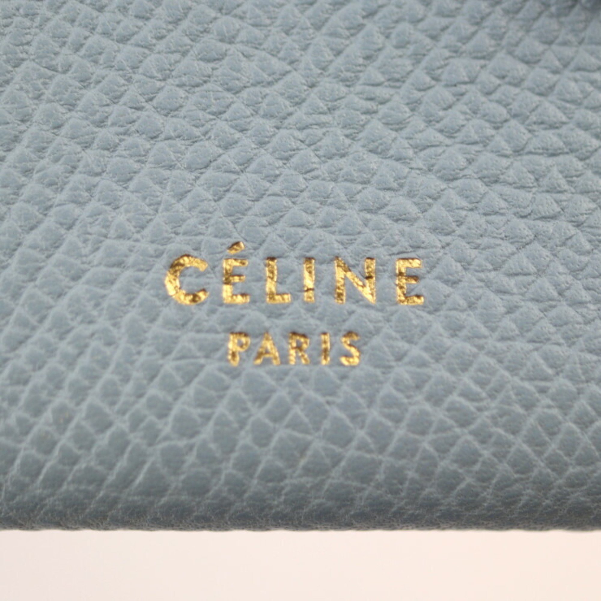 CELINE Accordion Card Holder Case 104323 Leather Light Blue Business Strap Multi-Function