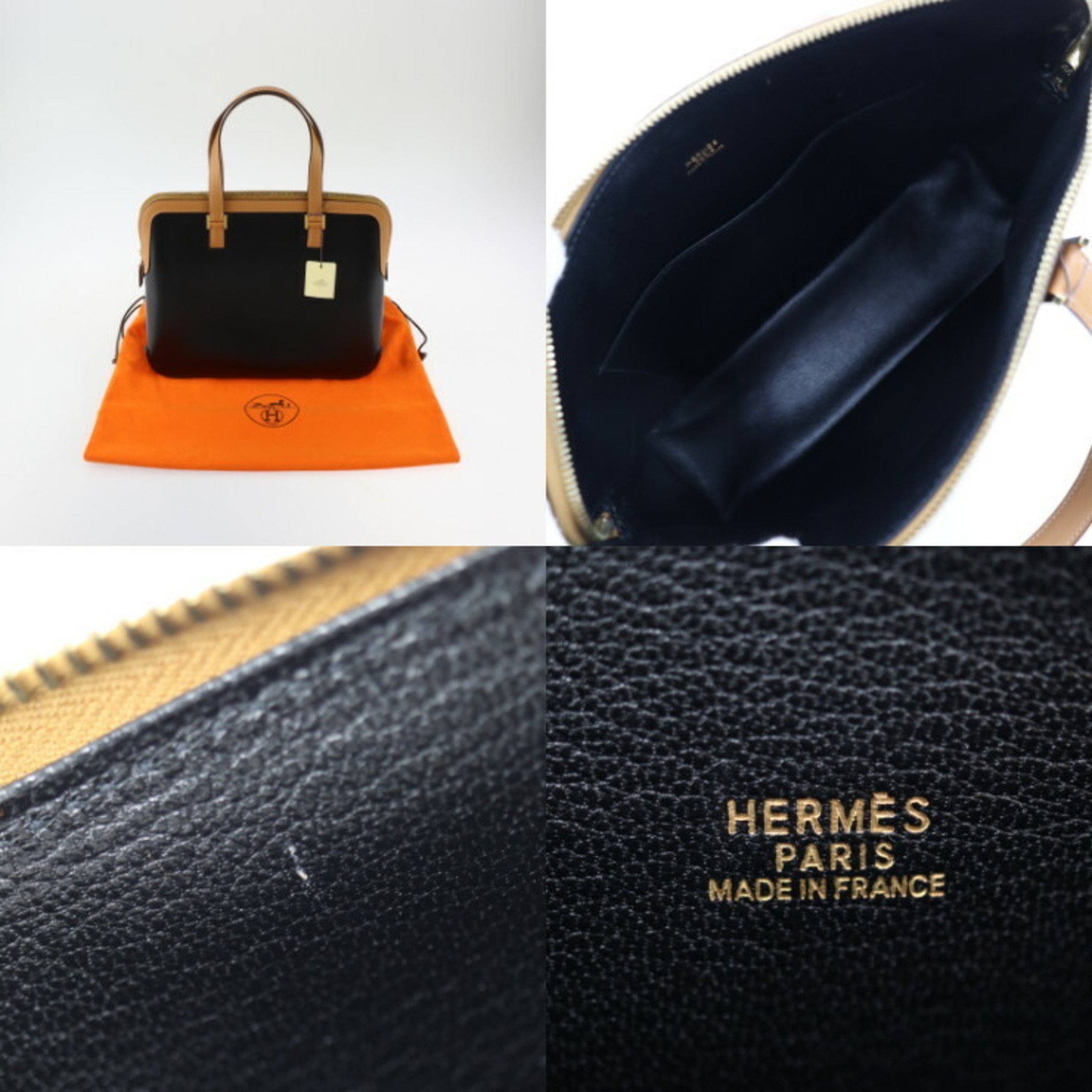 HERMES Escapada Handbag 040033CC-AJ Box Calf Vau Chamonix Chevre Noir Natural Bicolor