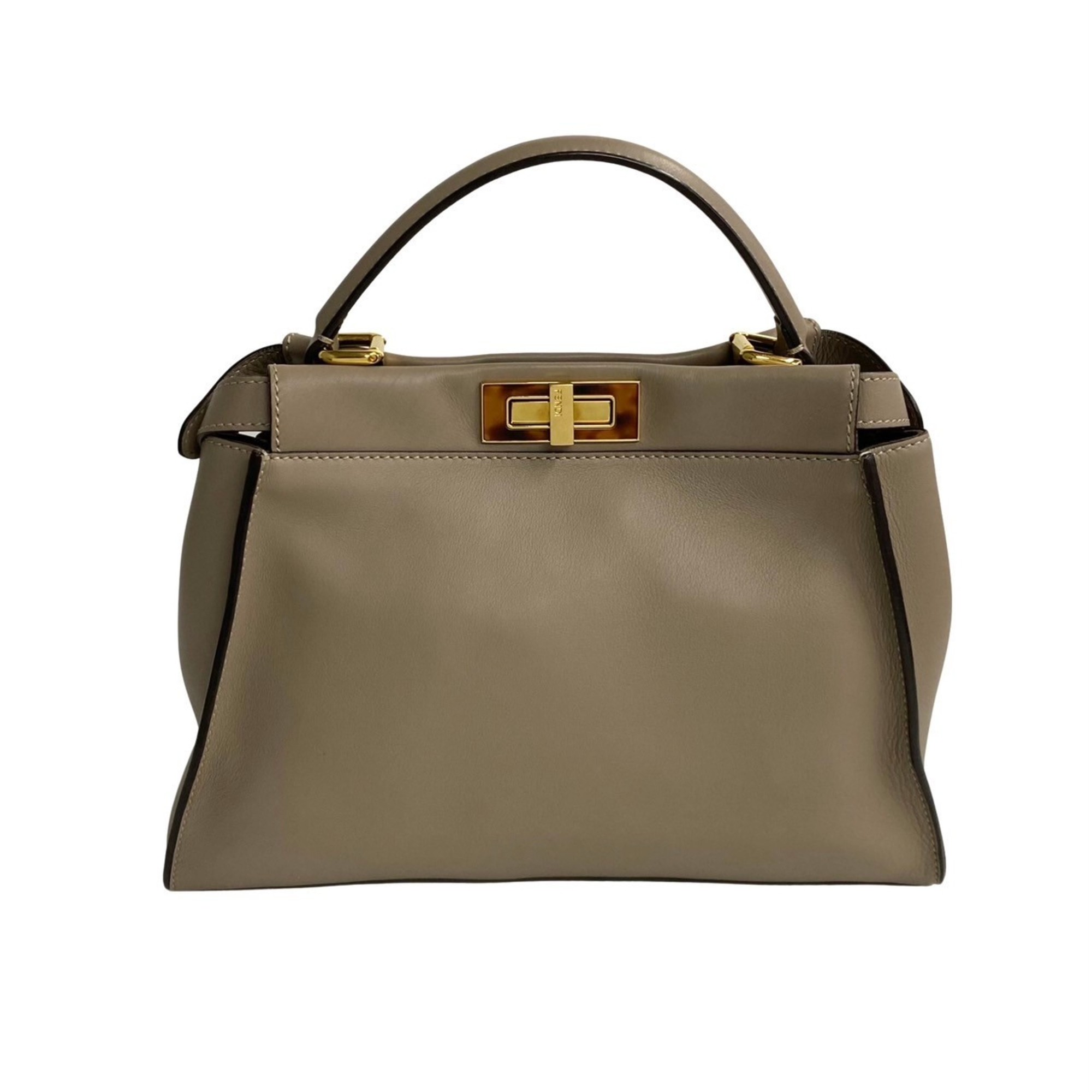 FENDI Peekaboo Leather 2way Handbag Tote Bag Shoulder Greige 13210