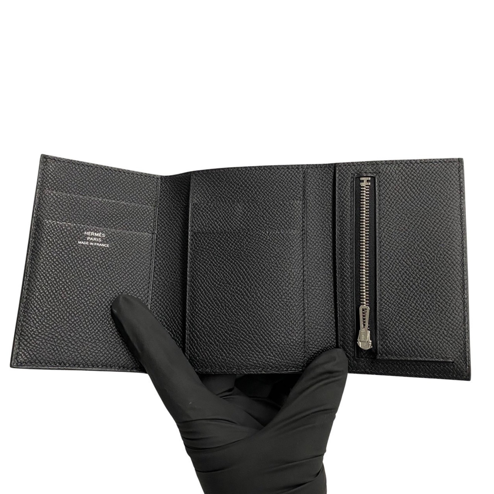HERMES Bean Combinet Compact Vaux Epson Leather Trifold Wallet Black 76371
