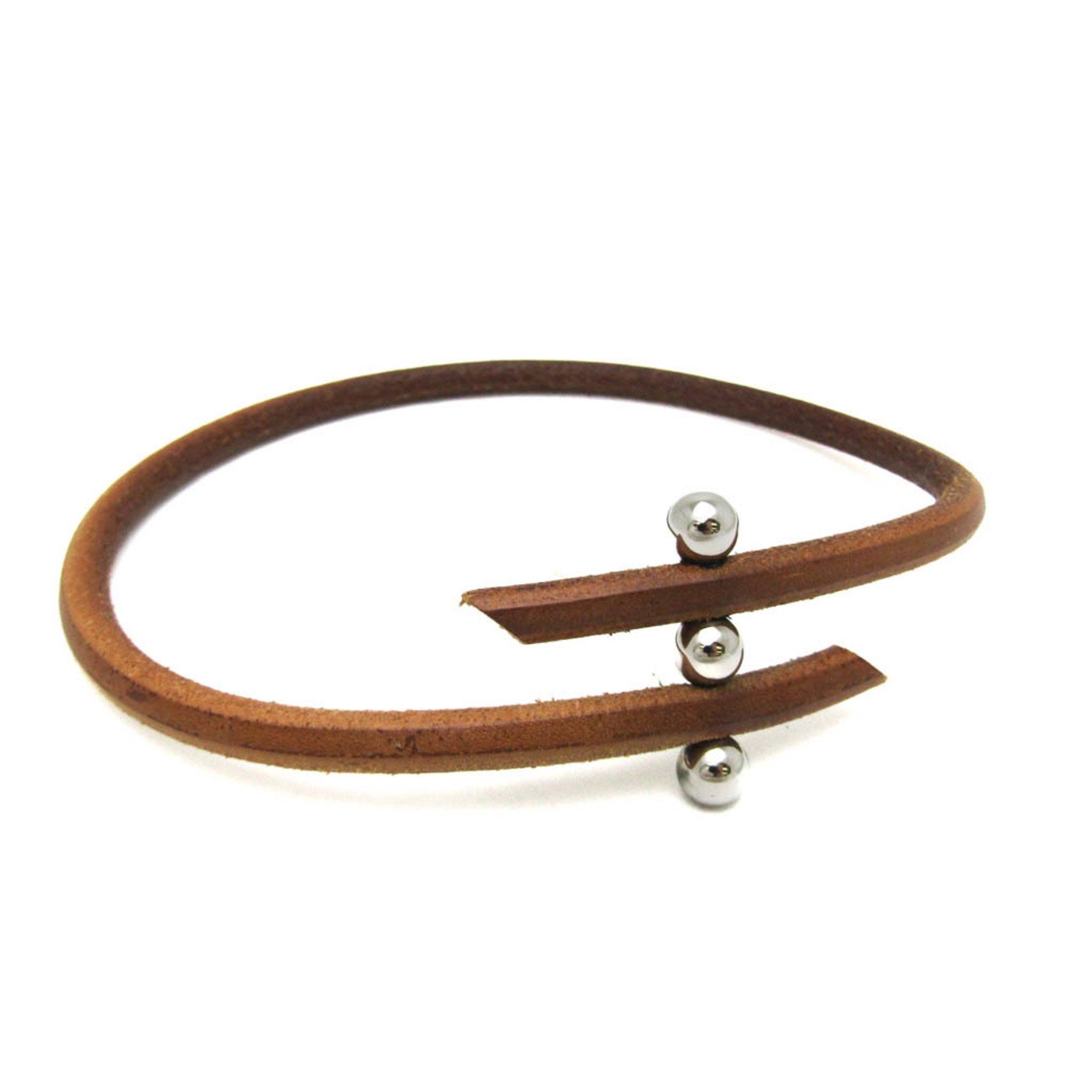 Hermes Roulette Hill Leather,Metal Bangle Brown,Silver
