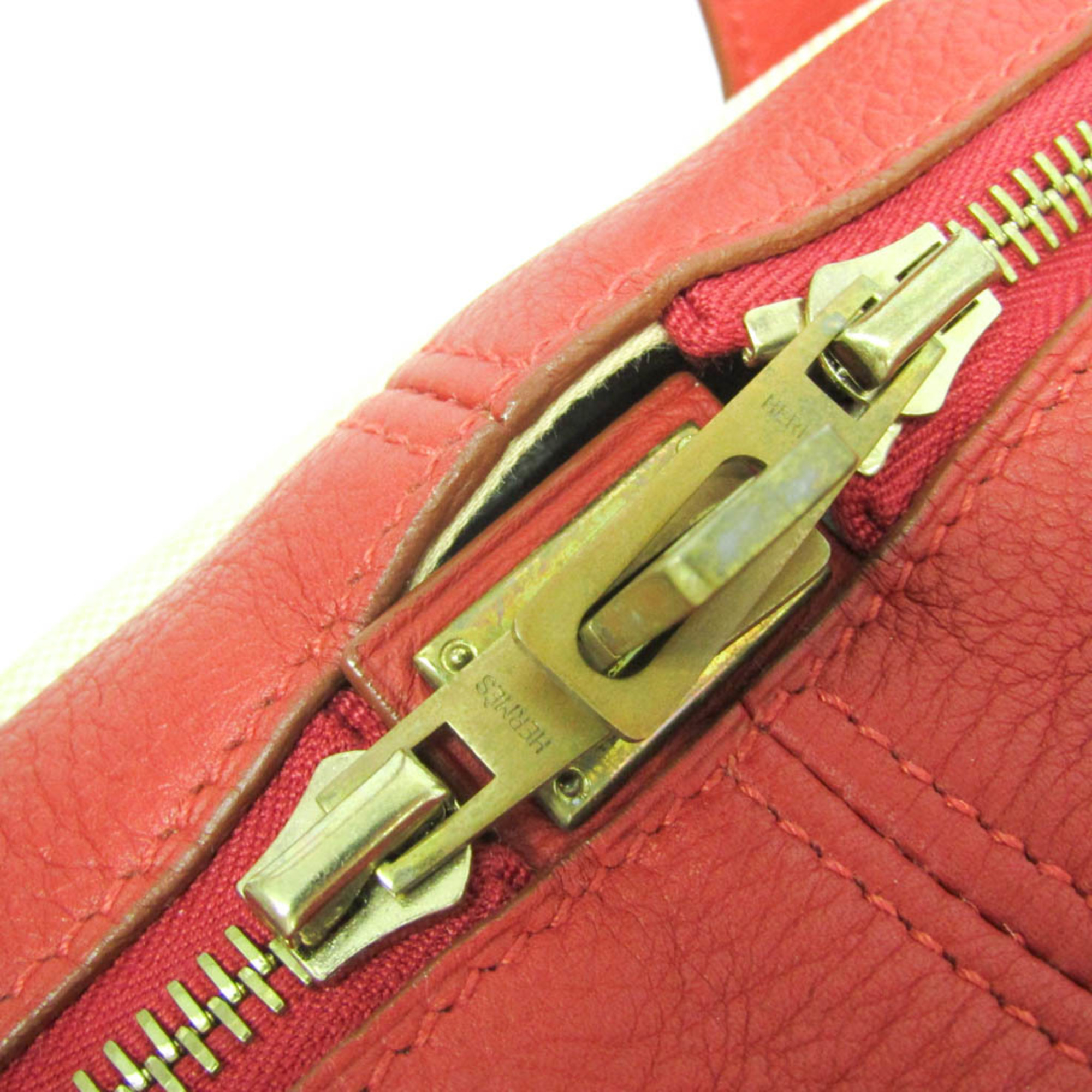 Hermes Victoria 50 Men,Women Toile H,Taurillon Clemence Leather Boston Bag Natural,Red Color