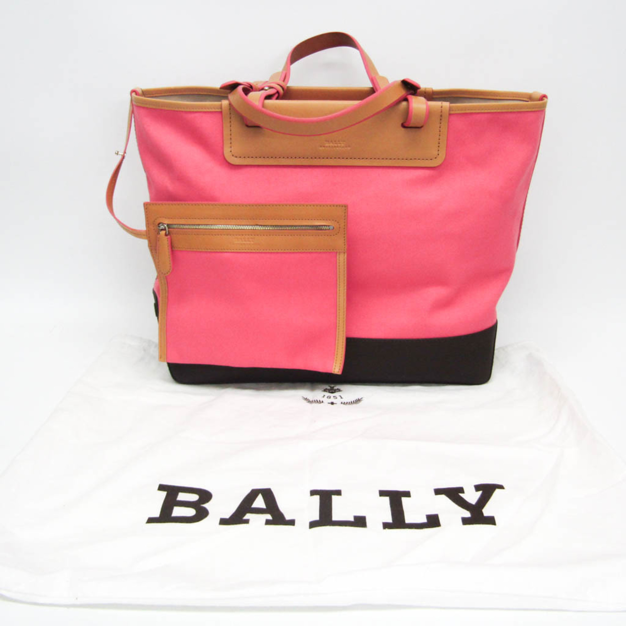Bally BATINKA Women's Leather,Canvas Tote Bag Beige,Coral Pink,Dark Brown