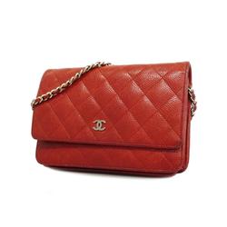Chanel Shoulder Wallet Matelasse Chain Caviar Skin Red Women's