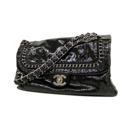 Chanel Shoulder Bag W Chain Patent Leather Black Women's