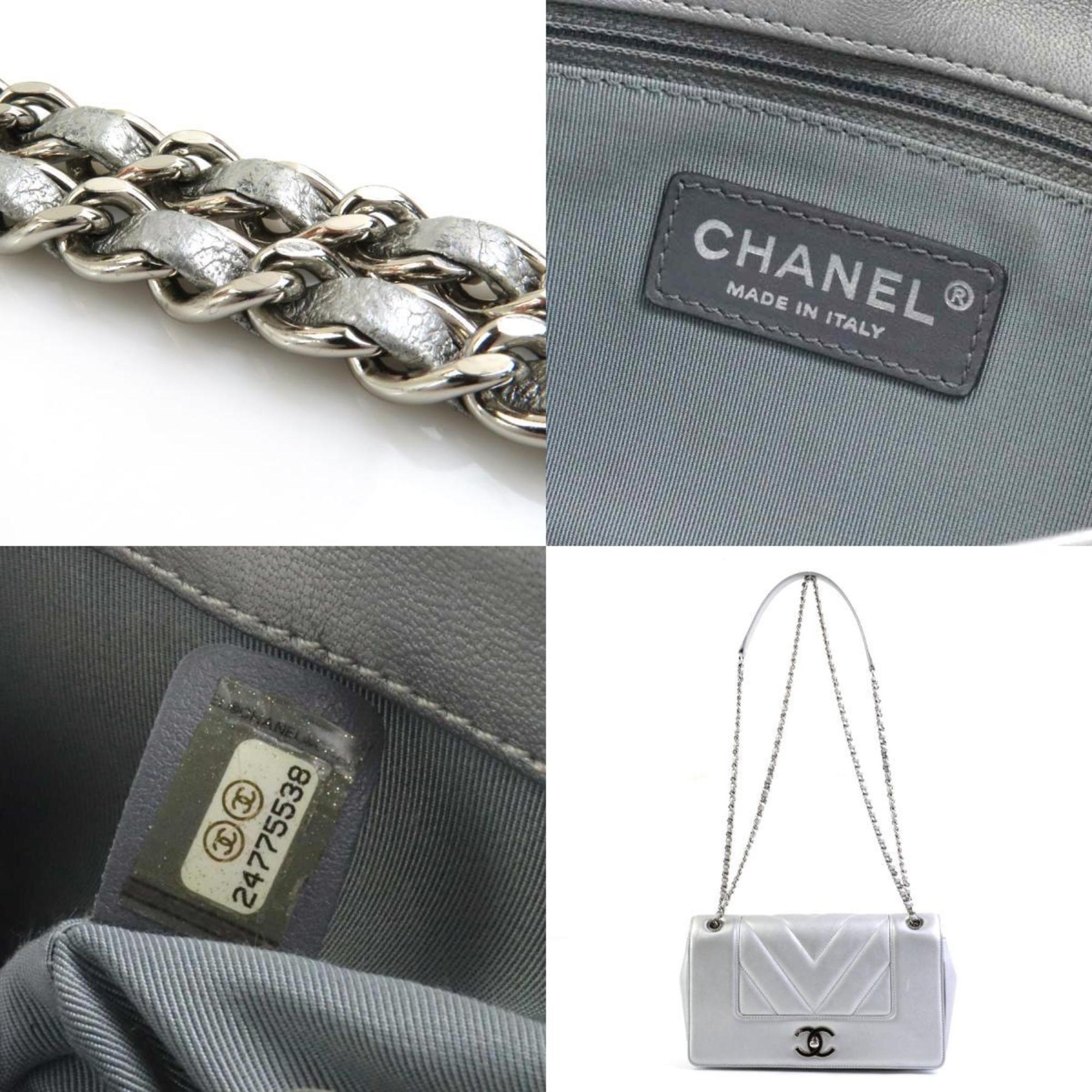 CHANEL Shoulder Bag V Stitch Leather/Metal Silver Women's