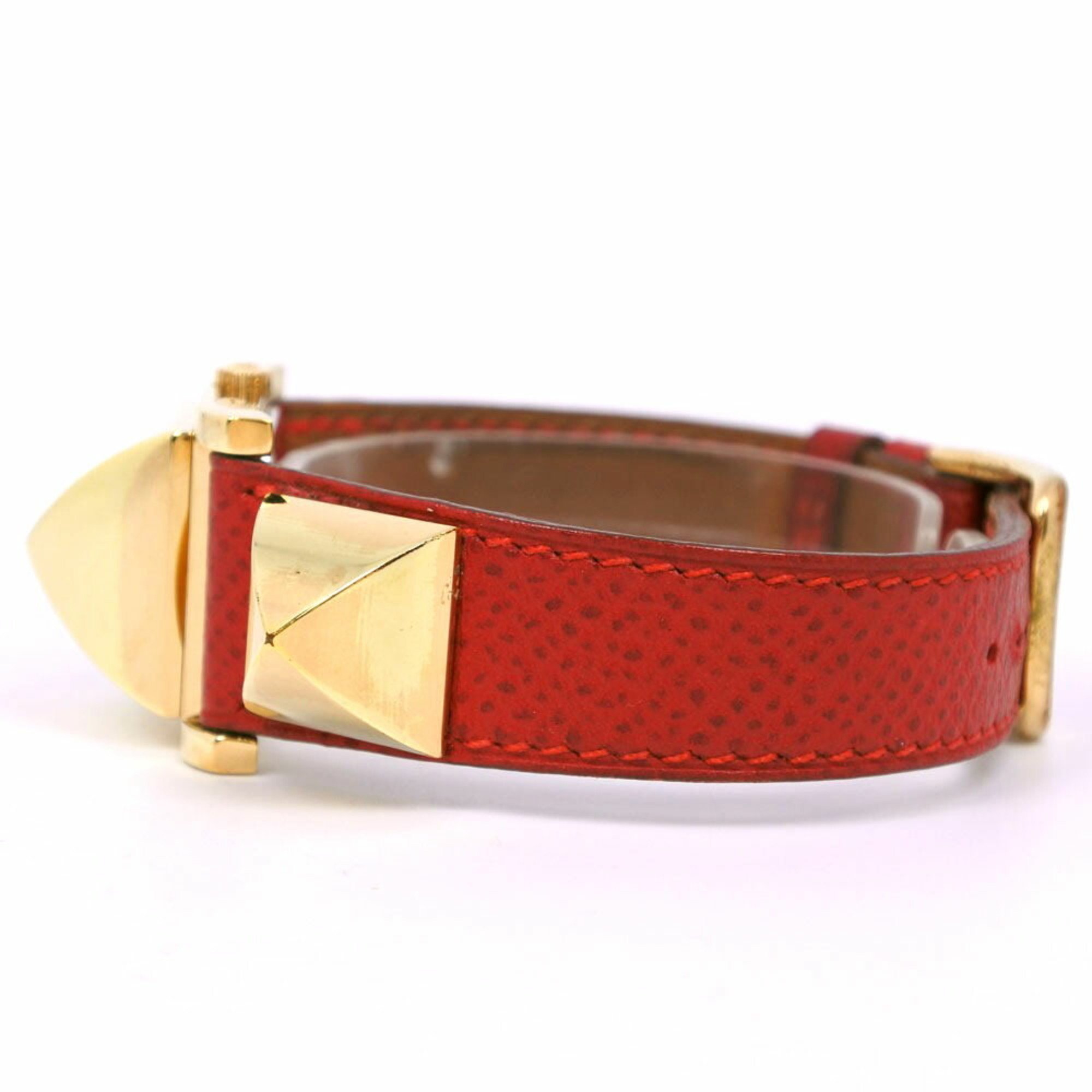 Hermes Medor Watch Gold Plated x Leather 1995 Red/Gold 〇Y Quartz White Dial Women's I213023037