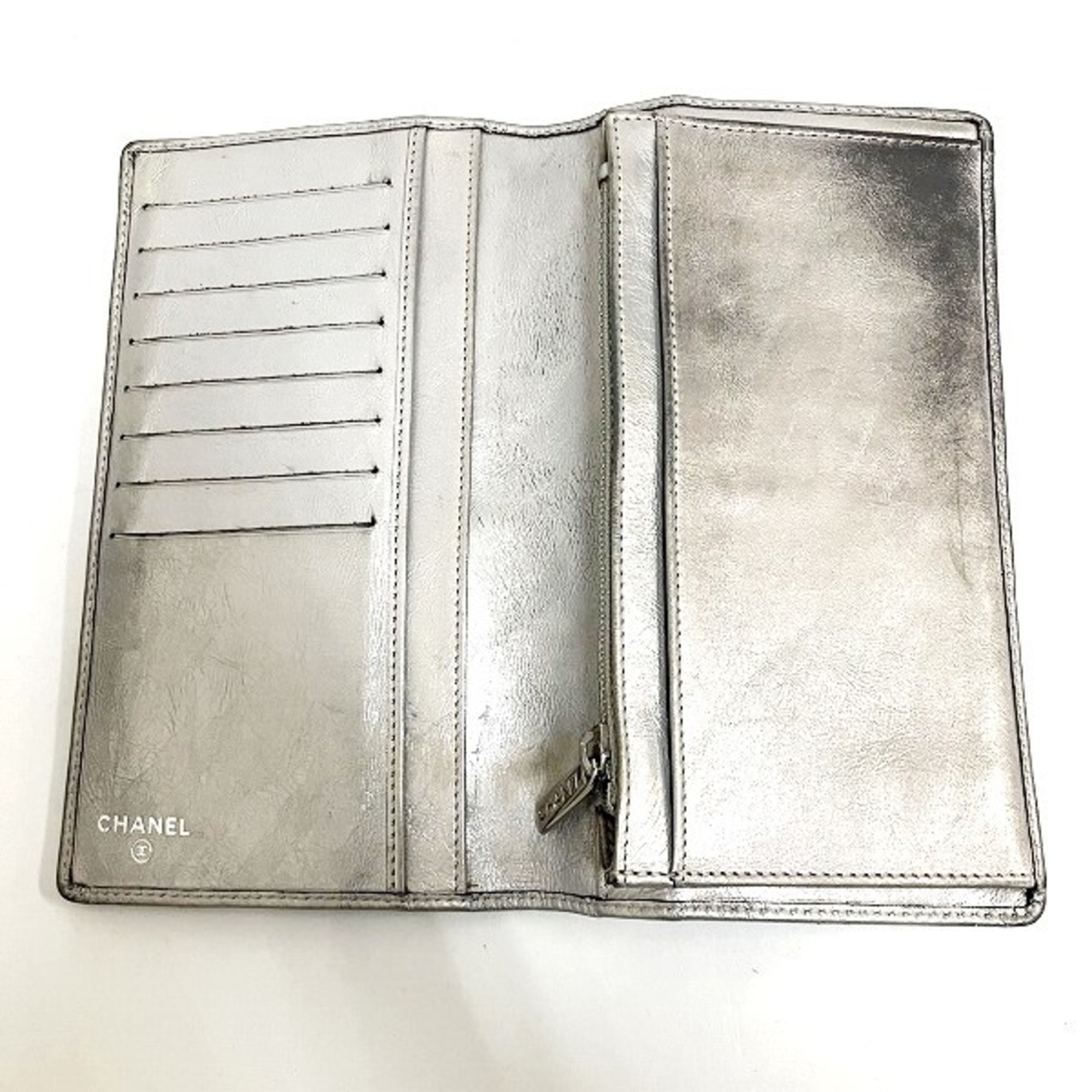 CHANEL Cambon Line Coco Mark Silver Long Wallet Bifold Women's