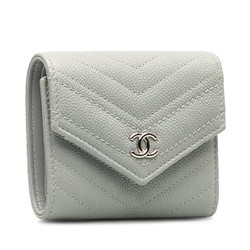 Chanel V-stitch Coco Mark Tri-fold Wallet Compact Grey Caviar Skin Women's CHANEL