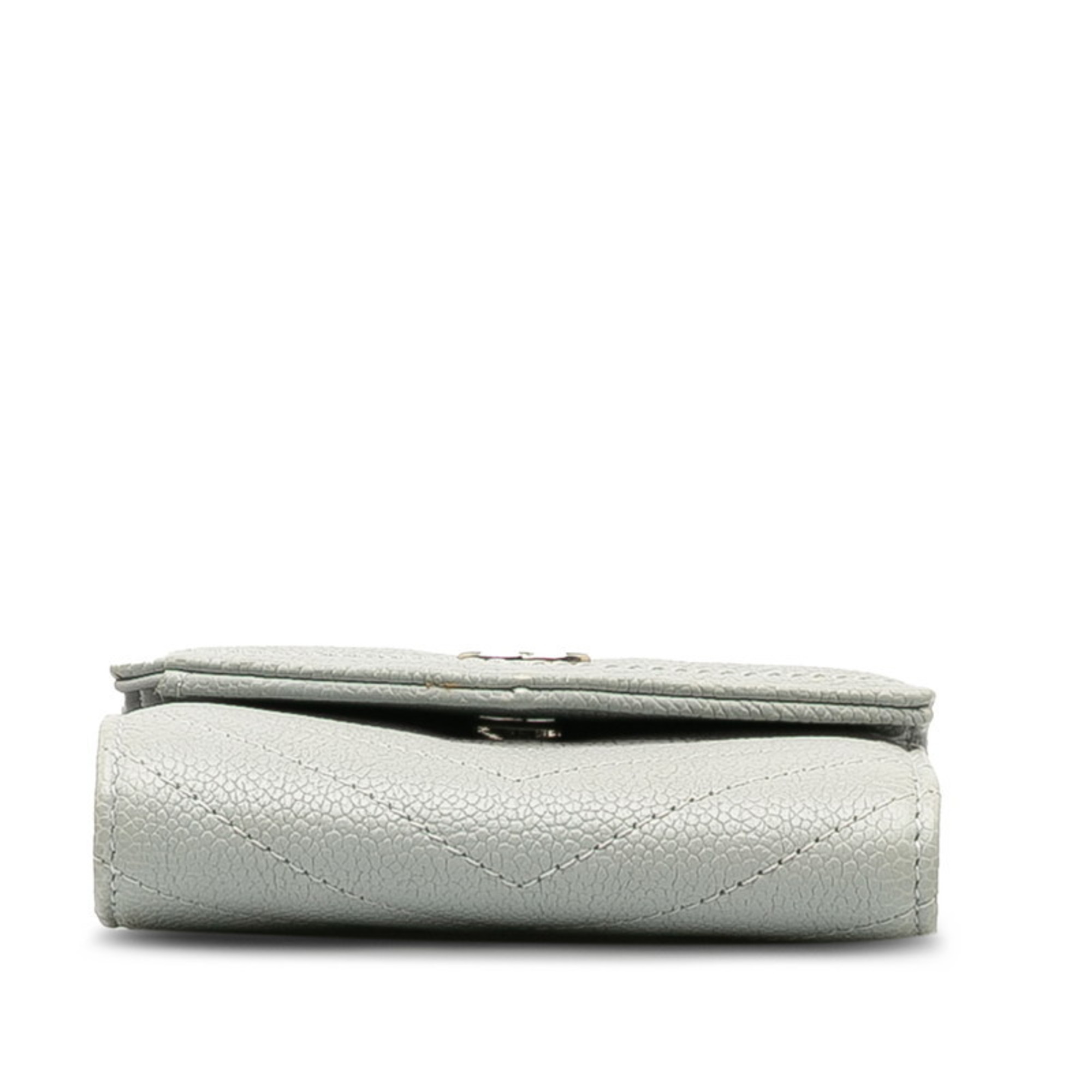 Chanel V-stitch Coco Mark Tri-fold Wallet Compact Grey Caviar Skin Women's CHANEL