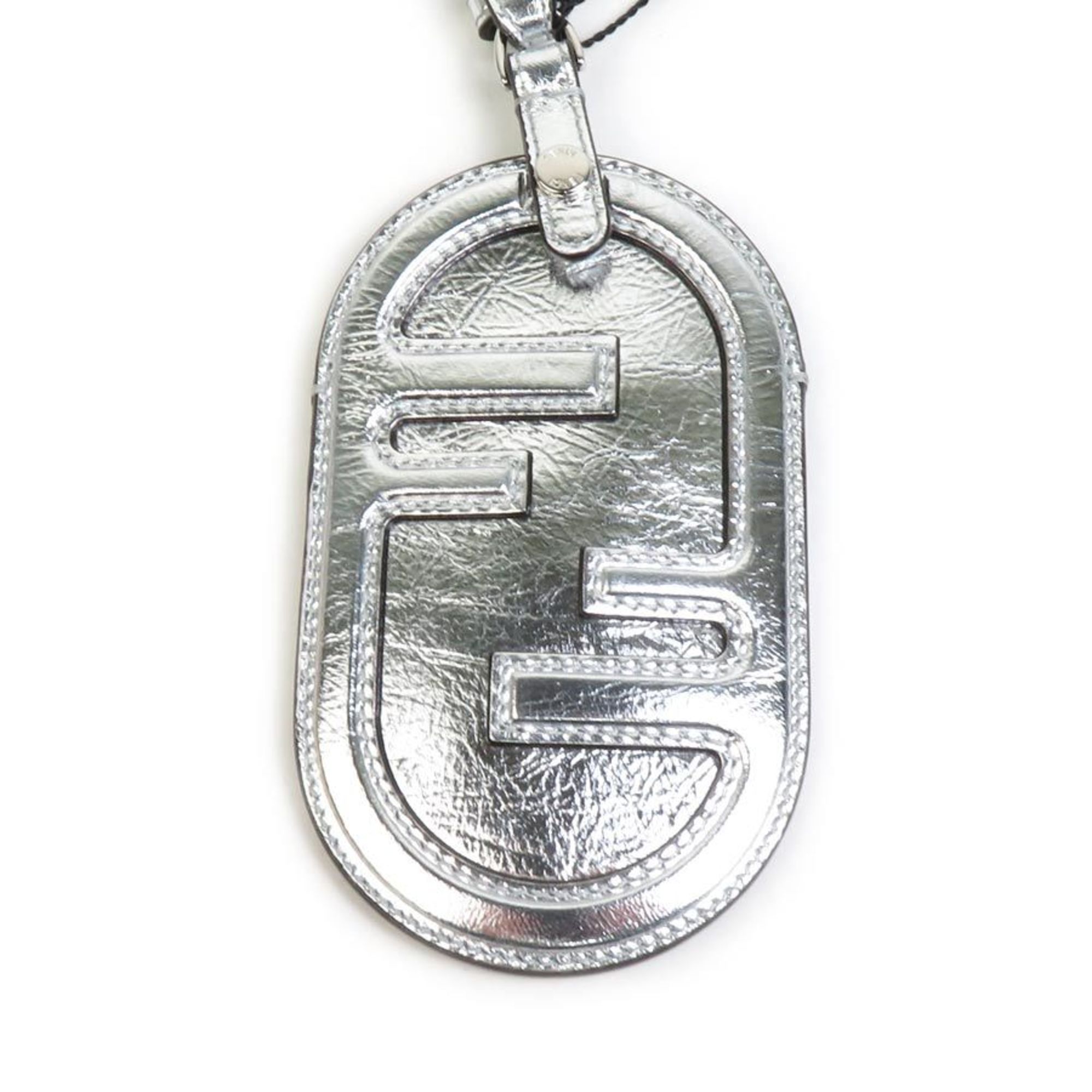 FENDI Badge Holder Leather Silver Unisex