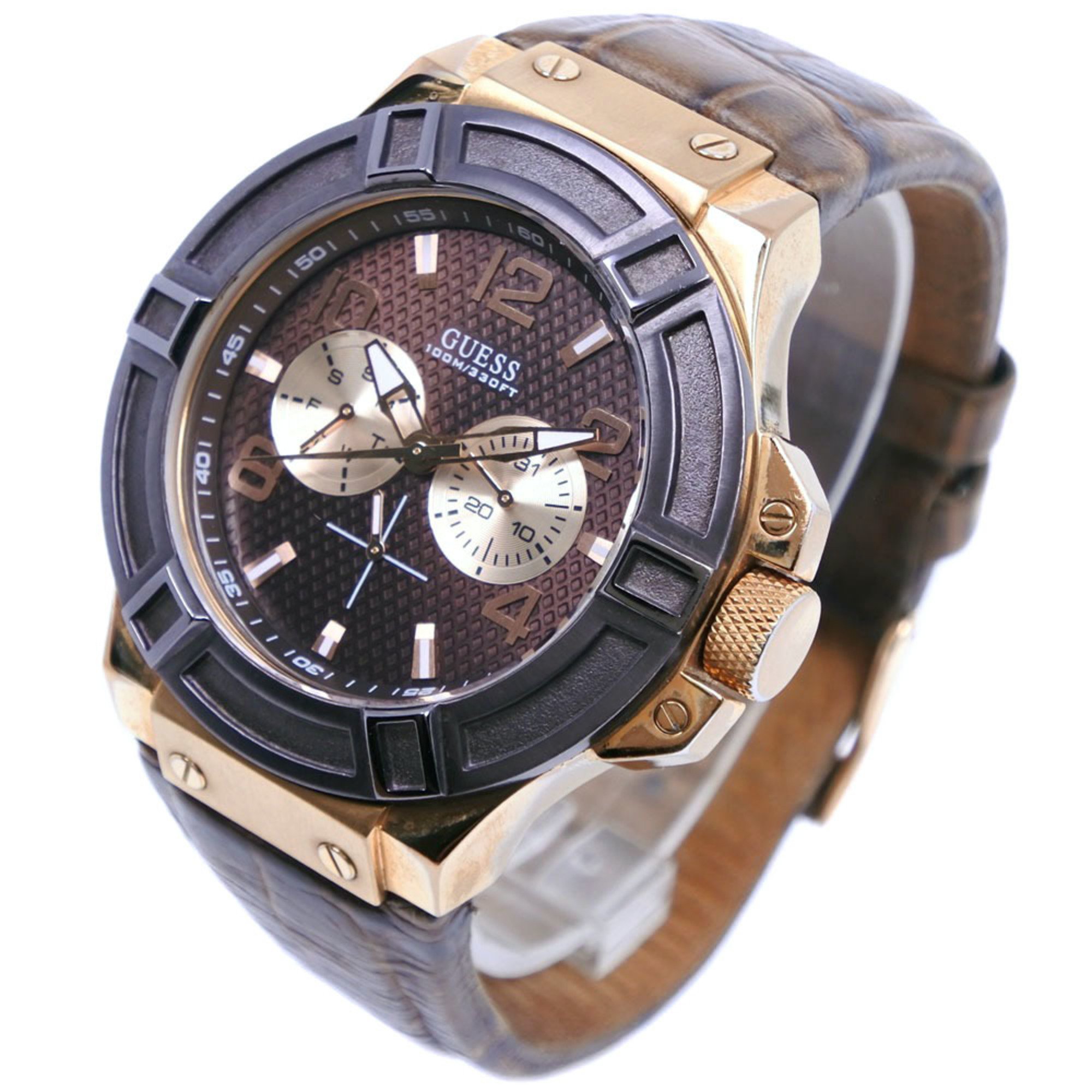 Guess Wristwatch W0040G3 Stainless Steel x Leather Gold Quartz Analog Display Brown Dial Men's