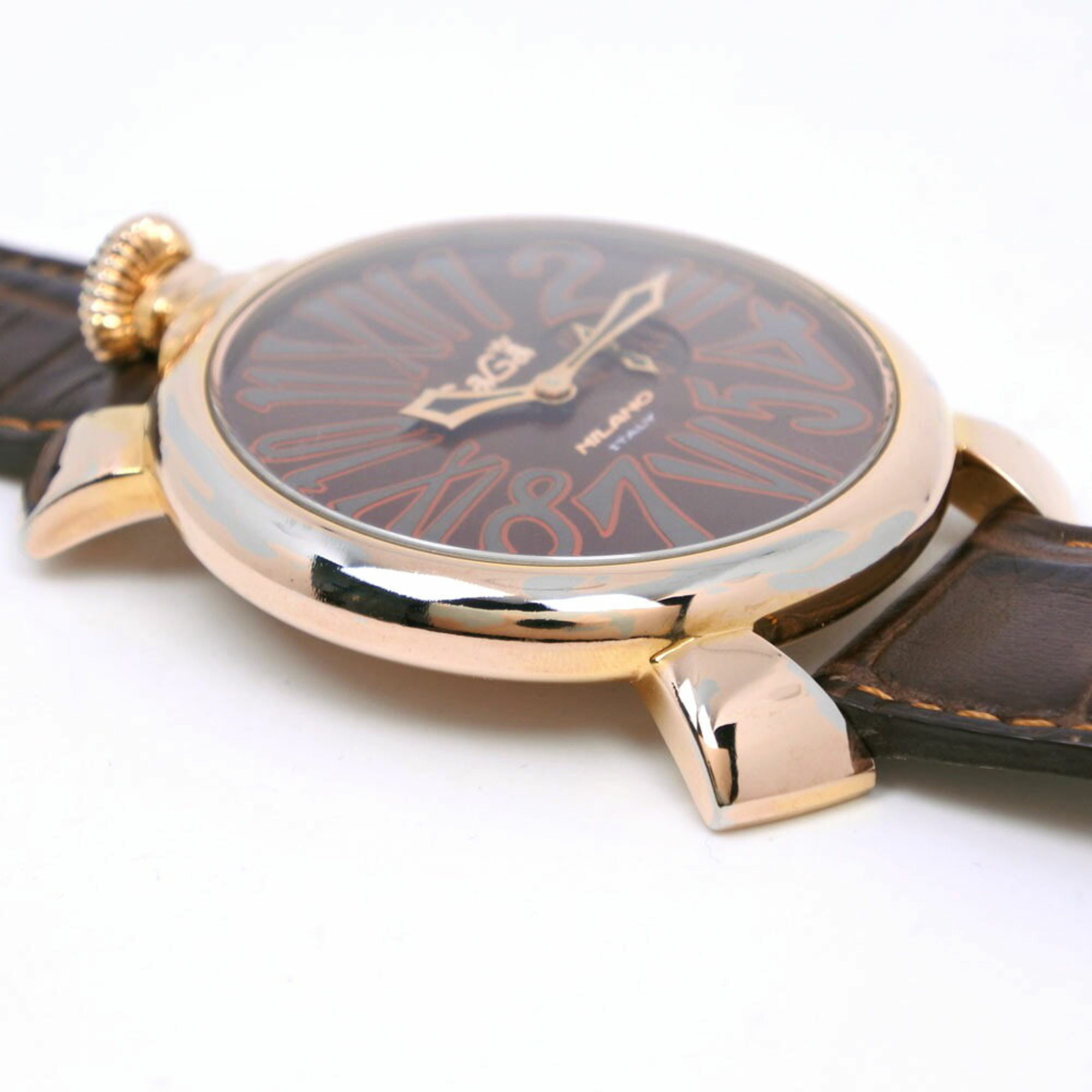 Gaga Milano Manuale 46 Watch, Gold Plated x Leather, Brown Quartz, Small Second, Dial, Manure 46, Men's, H200223529