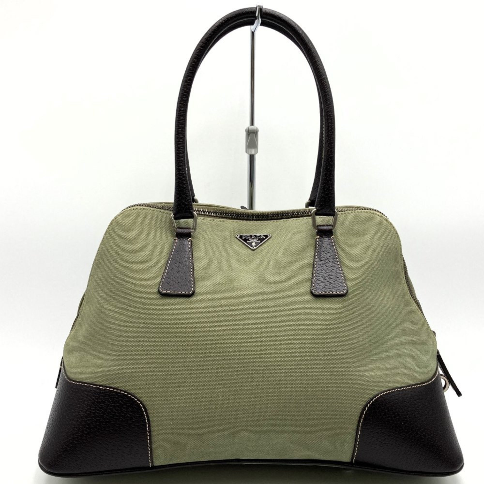 PRADA Prada Handbag Khaki Green Brown Canvas x Leather Key and Lock Triangular Plate Women's ITWLHA5SLMC2
