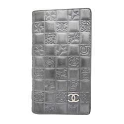 Chanel Long Wallet Icon Leather Black Silver Women's