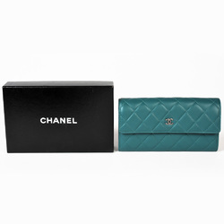 CHANEL Cocomark Matelasse Long Wallet Bifold Lambskin A50096 Turquoise Blue