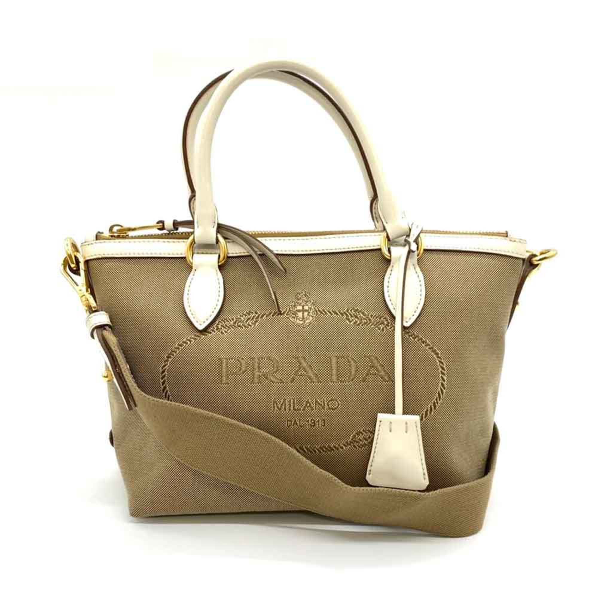 Prada Bag 2way Handbag Beige Khaki x White Shoulder Embroidery Women's Jacquard Leather 1BA111 PRADA