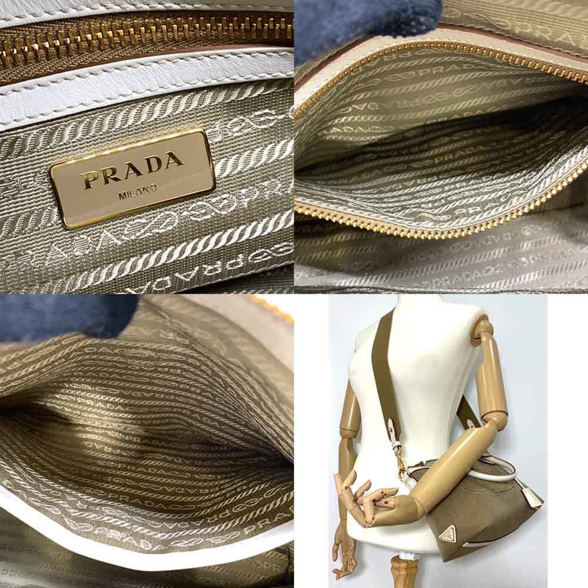 Prada Bag 2way Handbag Beige Khaki x White Shoulder Embroidery Women's Jacquard Leather 1BA111 PRADA