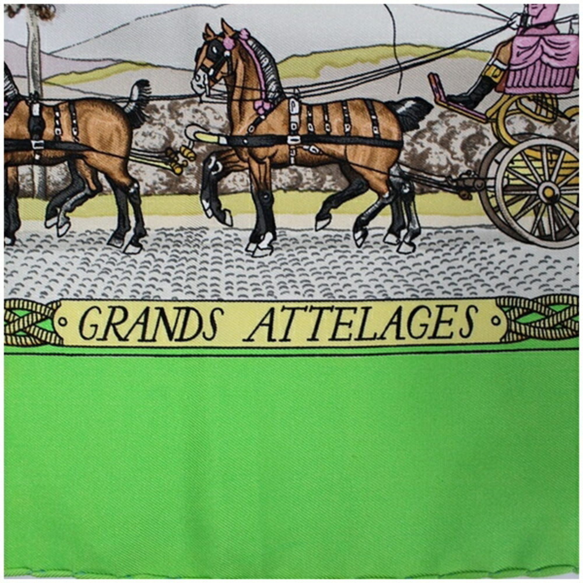 Hermes Carre 90 Silk Scarf Muffler GRANDS ATTELAGES Light Green x White Ladies Carriage Horse Tackle