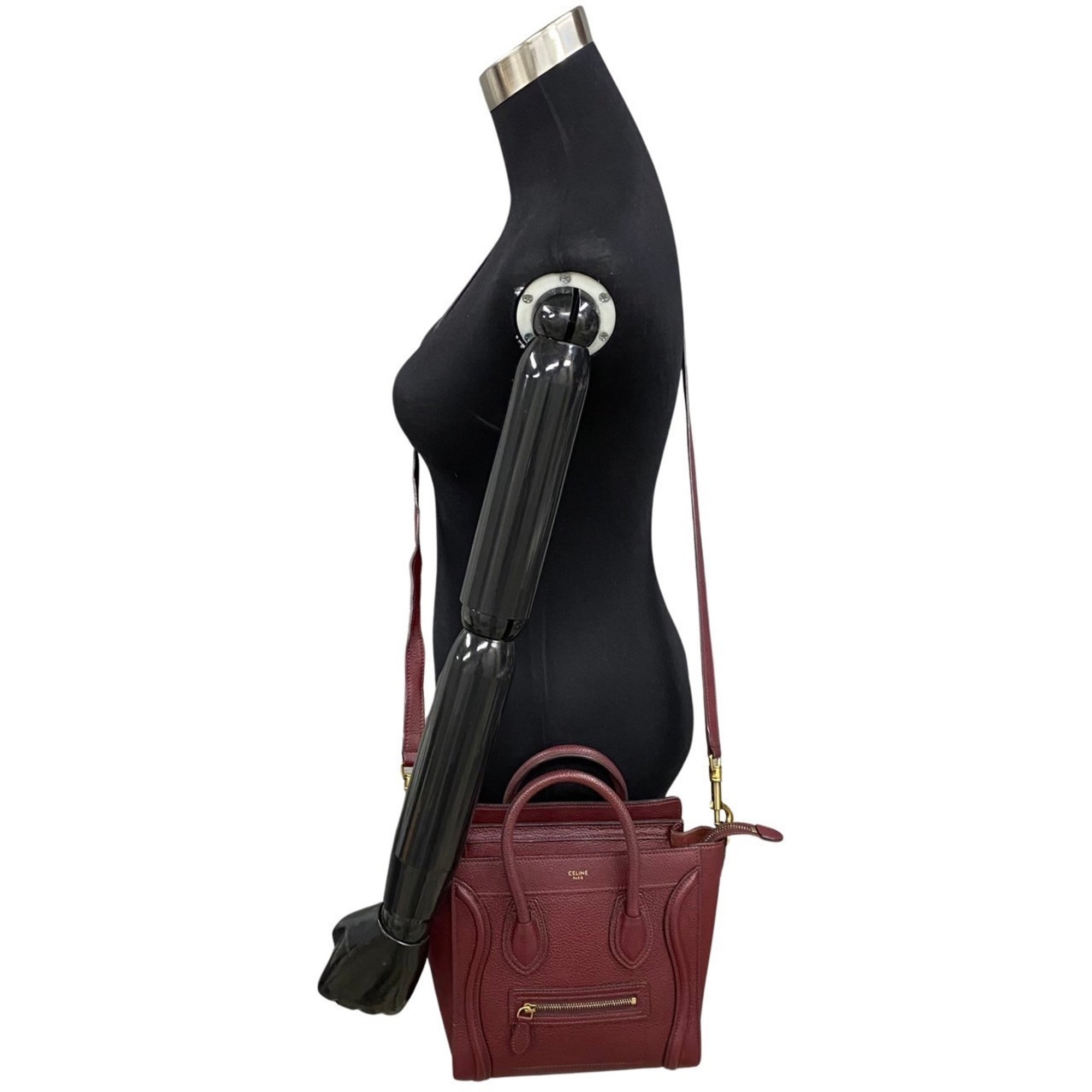 CELINE Luggage Nano Shopper Leather 2way Handbag Shoulder Bag Bordeaux 23875