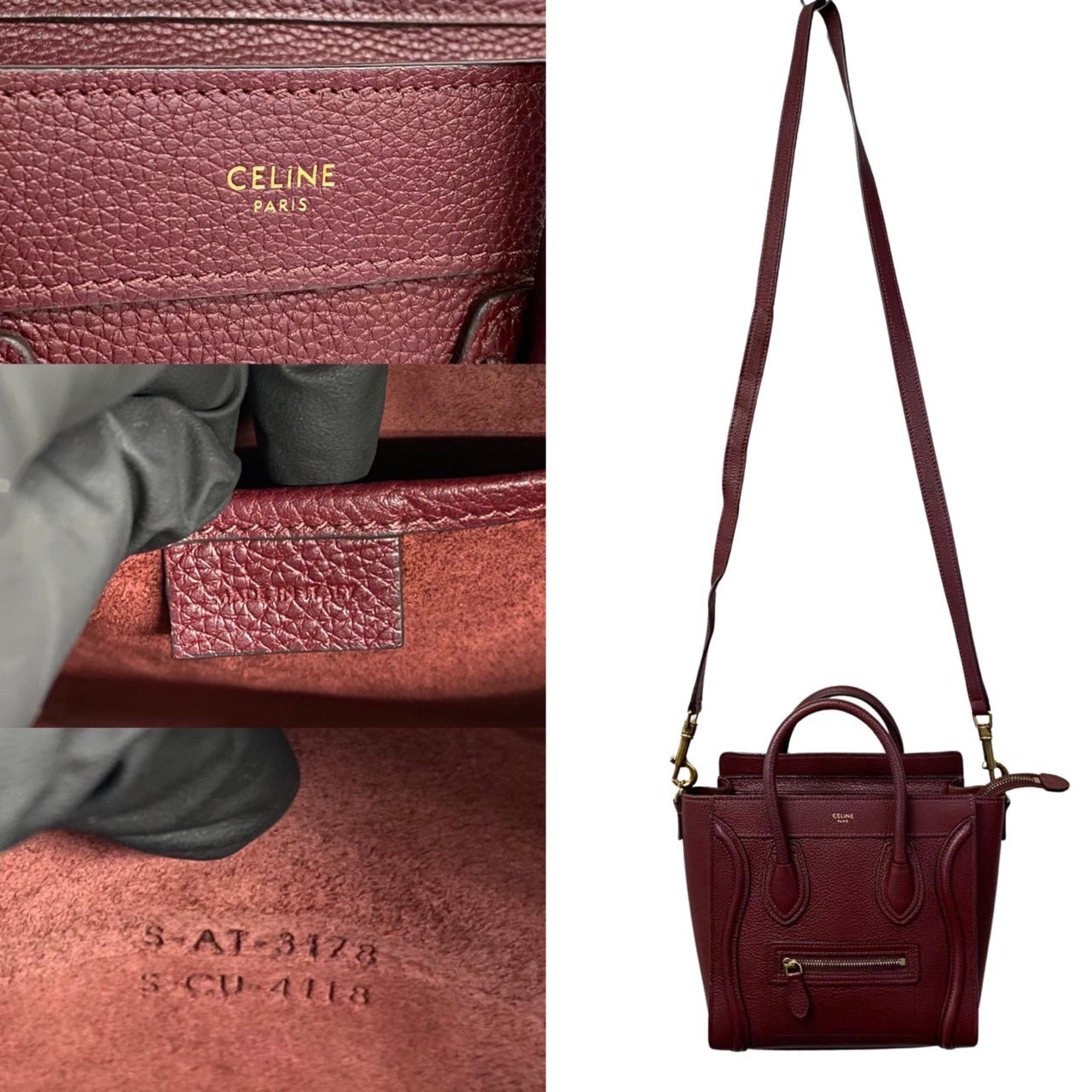 CELINE Luggage Nano Shopper Leather 2way Handbag Shoulder Bag Bordeaux 23875