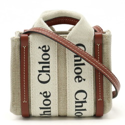 Chloé Chloe Woody Tote Bag Shoulder Linen Canvas Leather Beige Brown CHC22AP237I2690U
