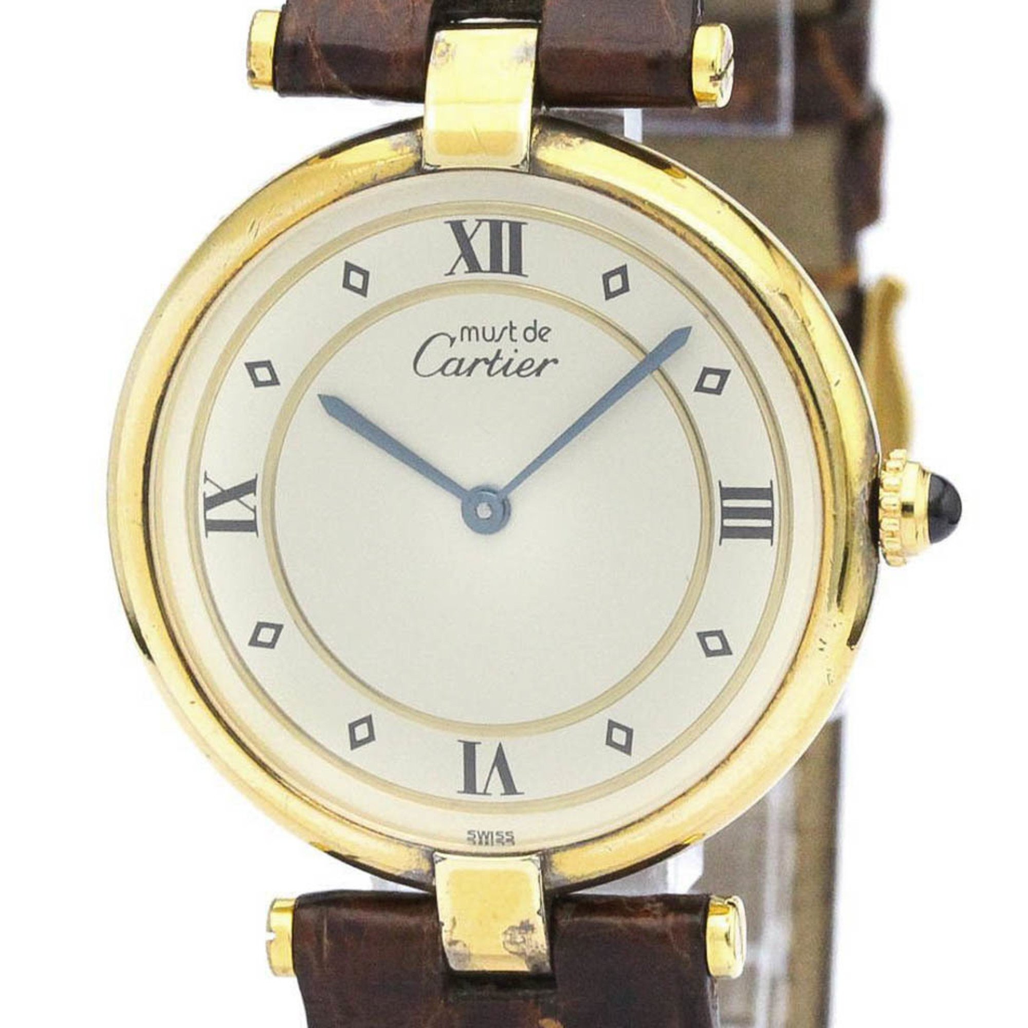 CARTIER Must Vendome Vermeil Gold Plated Leather Quartz Ladies Watch BF560282