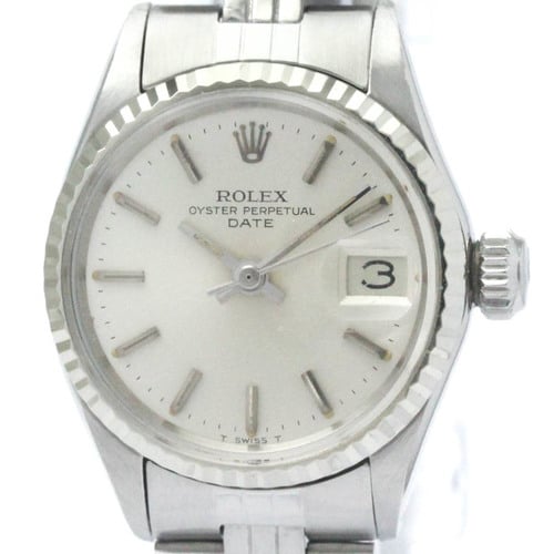 Vintage ROLEX Oyster Perpetual Date 6517 White Gold Steel Ladies Watch BF569937