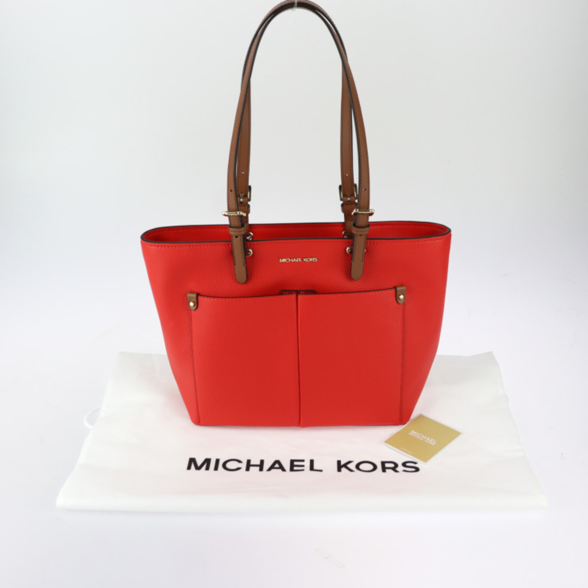 Michael Kors Jet Set Medium Tote Bag 35F3GTVT3V Leather Red Brown Double Pocket Shoulder