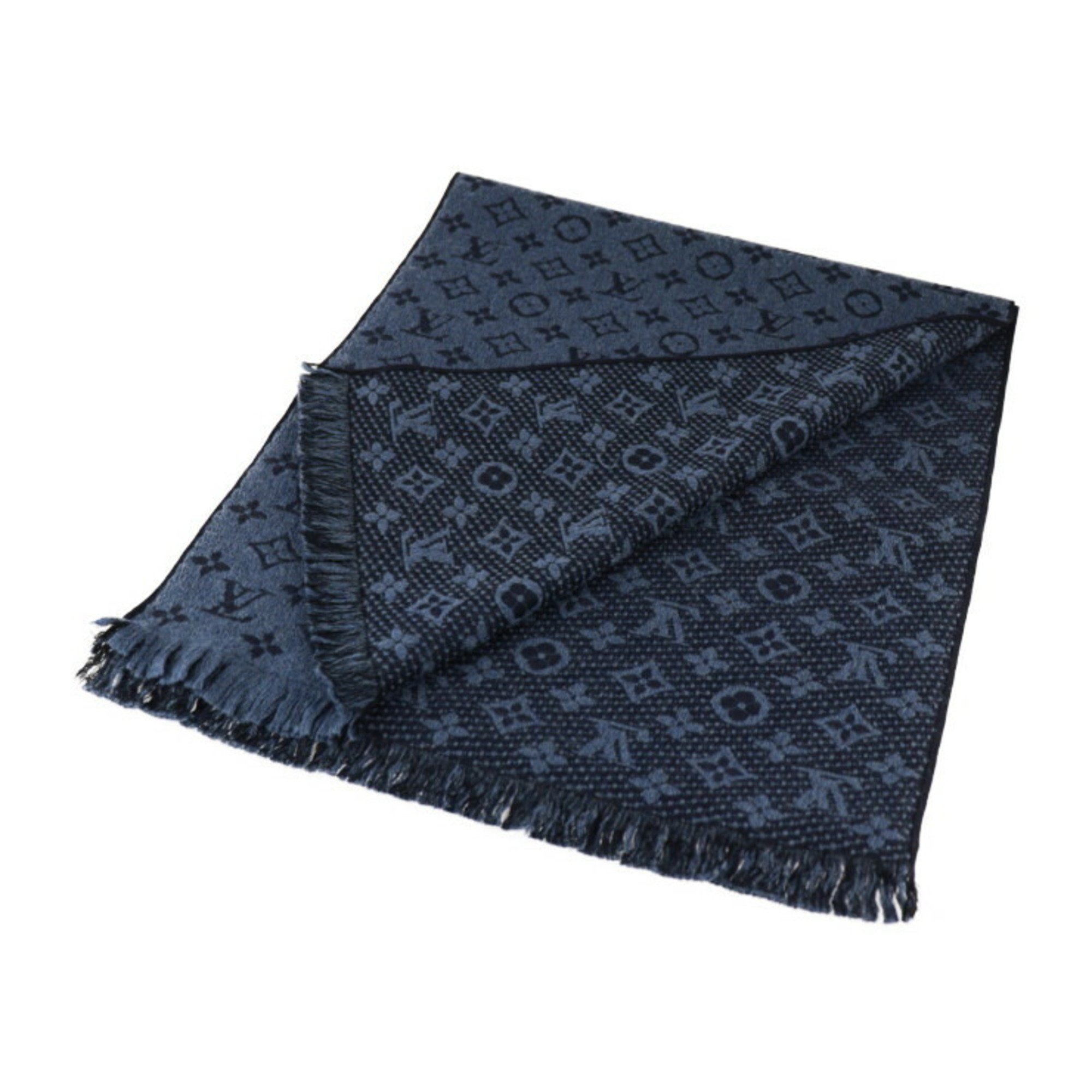 LOUIS VUITTON Louis Vuitton Echarpe Classic Monogram Scarf M78525 100% Wool Blue Marine