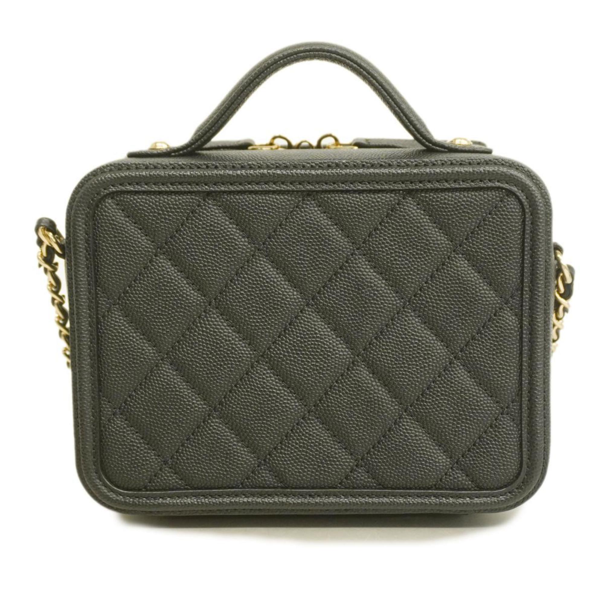 Chanel handbag CC filigree chain shoulder caviar skin black champagne ladies