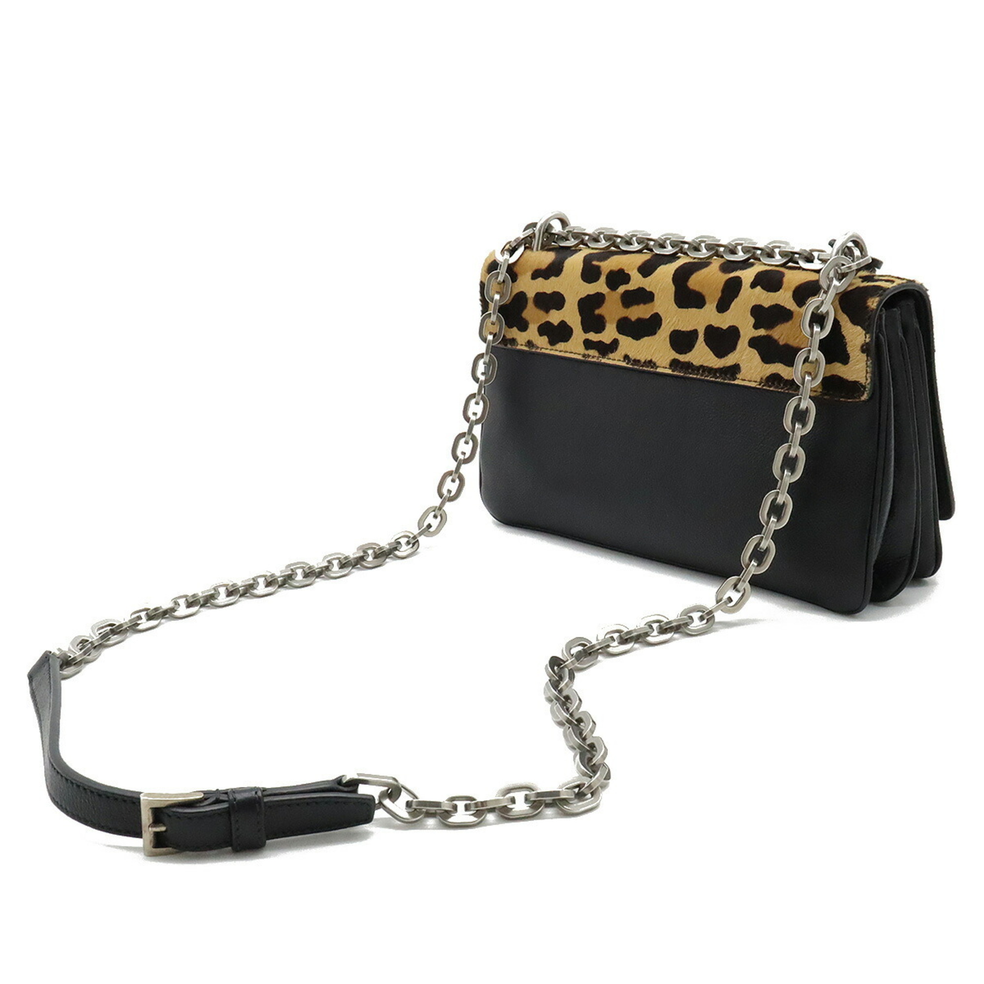 PRADA CAVALLINO GLACE Chain Shoulder Bag Clutch Haraco Leopard Leather Beige Black Overseas Duty Free Shop Purchased Item 1BD009