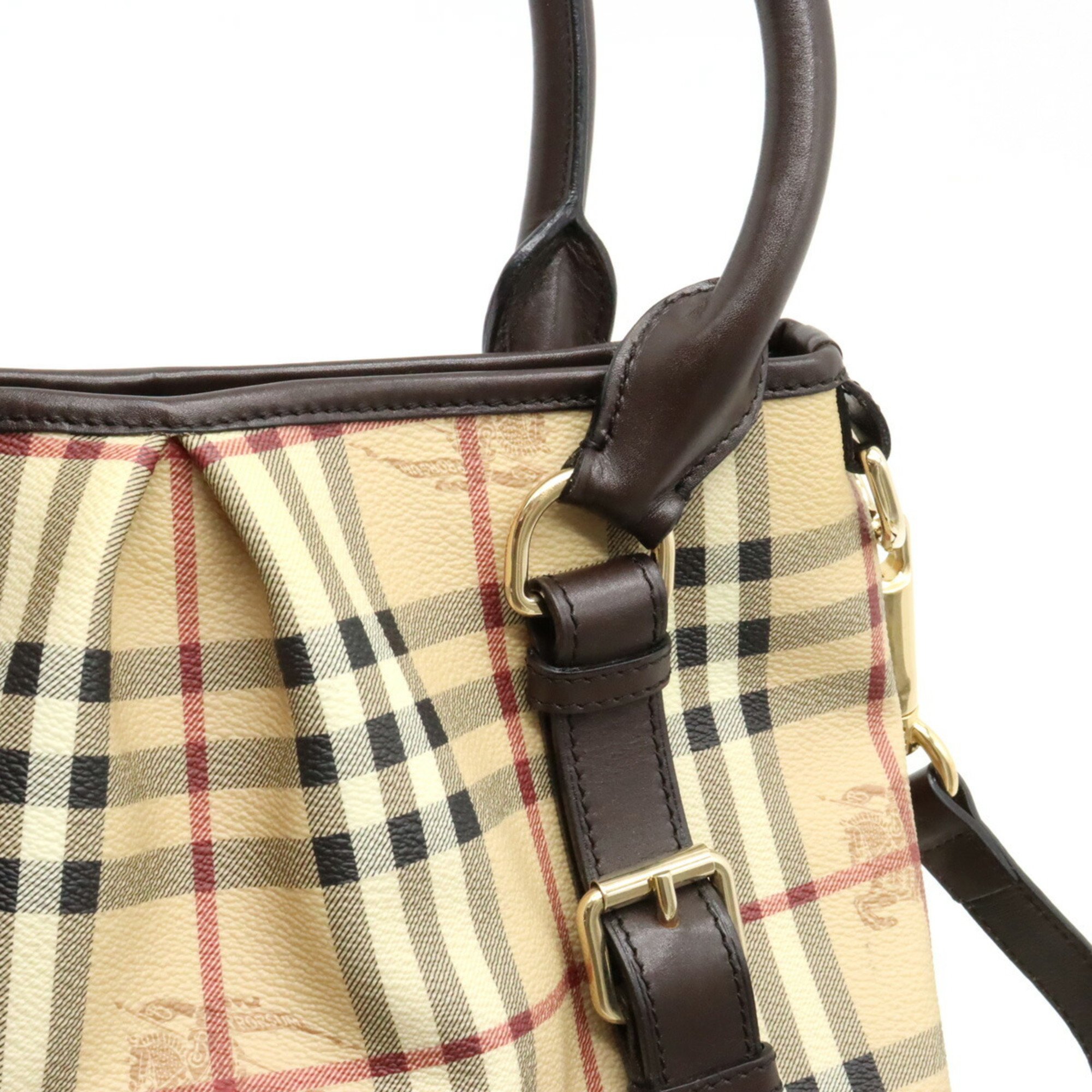 BURBERRY Nova Plaid Tote Bag Shoulder PVC Leather Beige Dark Brown