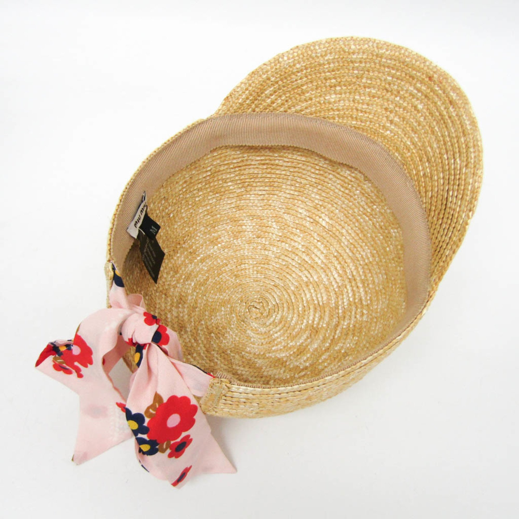 Miu Miu Ribbon Straw Cap, Medium Size, 5HC154 Women's Cap Beige,Pink