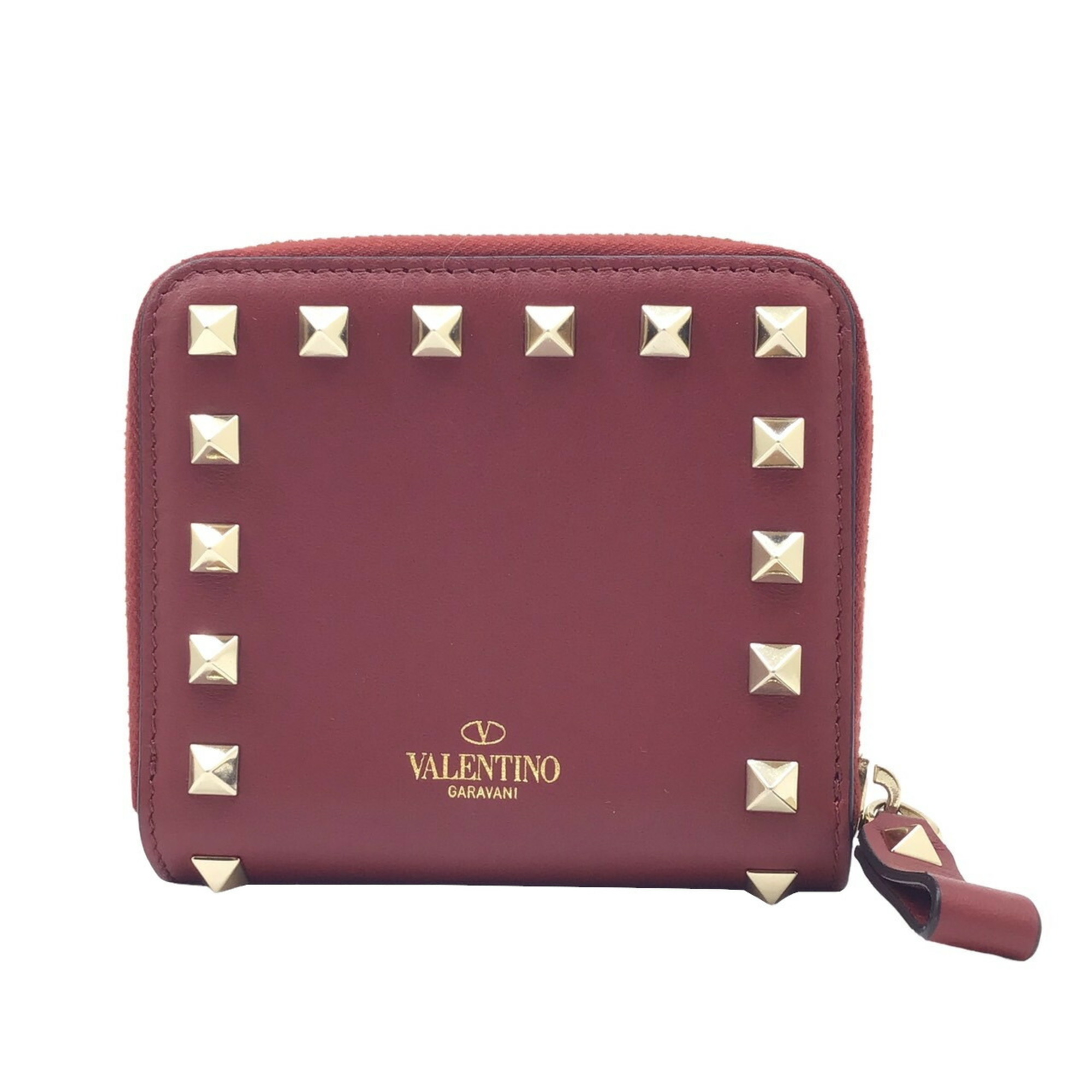 Valentino VALENTINO Bi-fold Wallet Rockstud Compact Leather Red QW2P0649 Gold Metal Fittings Women's