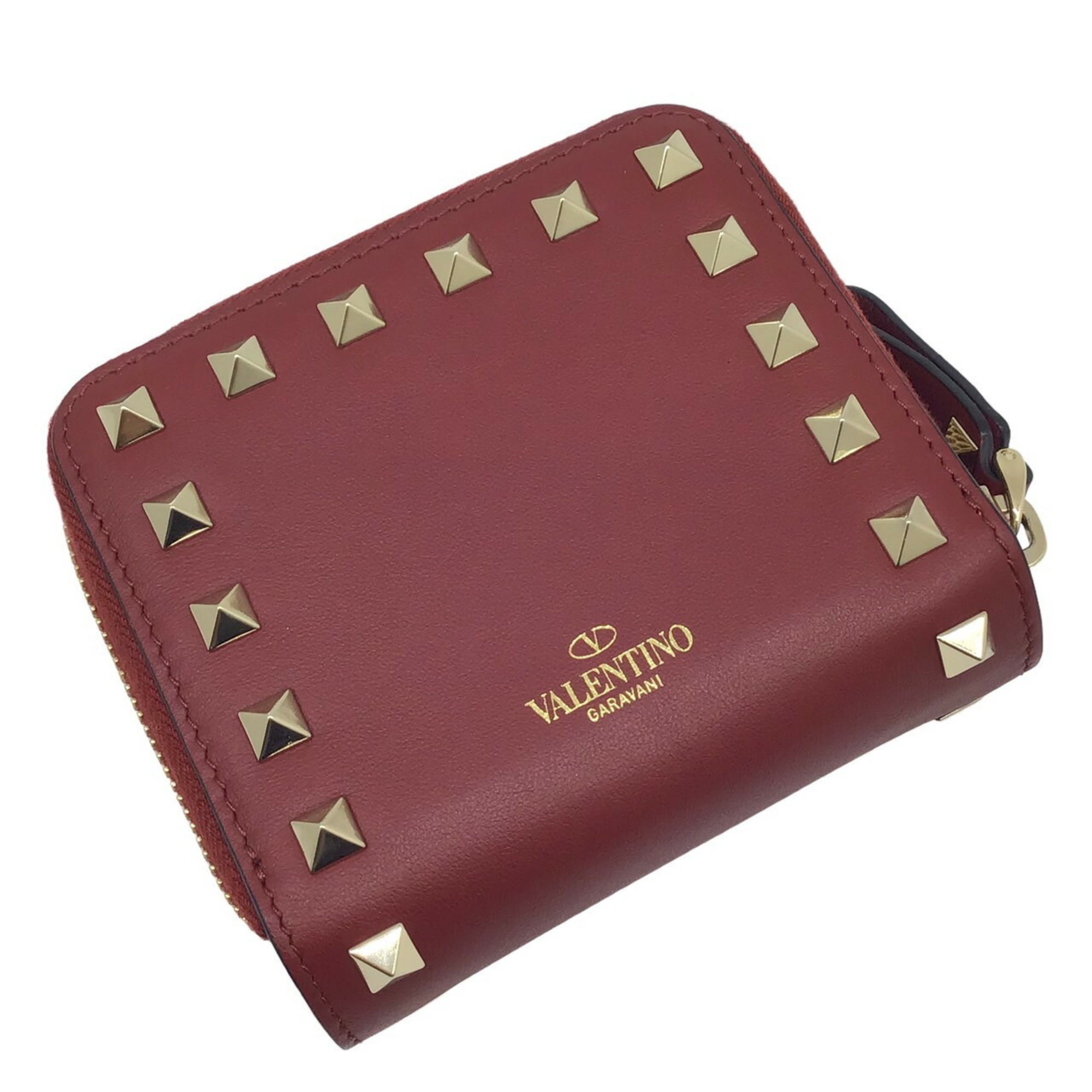 Valentino VALENTINO Bi-fold Wallet Rockstud Compact Leather Red QW2P0649 Gold Metal Fittings Women's