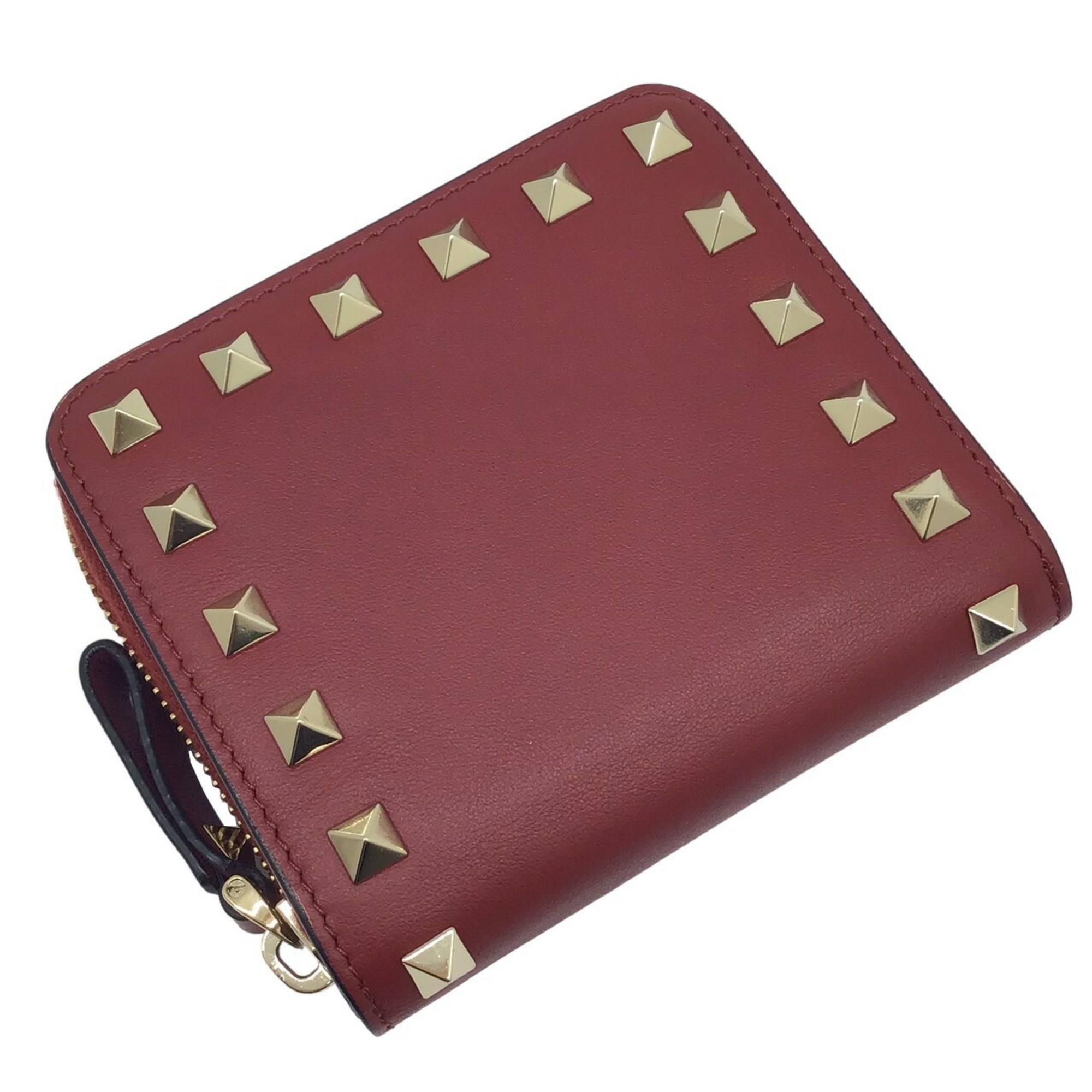 Valentino VALENTINO Bi-fold Wallet Rockstud Compact Leather Red QW2P0649 Gold Metal Fittings Women's