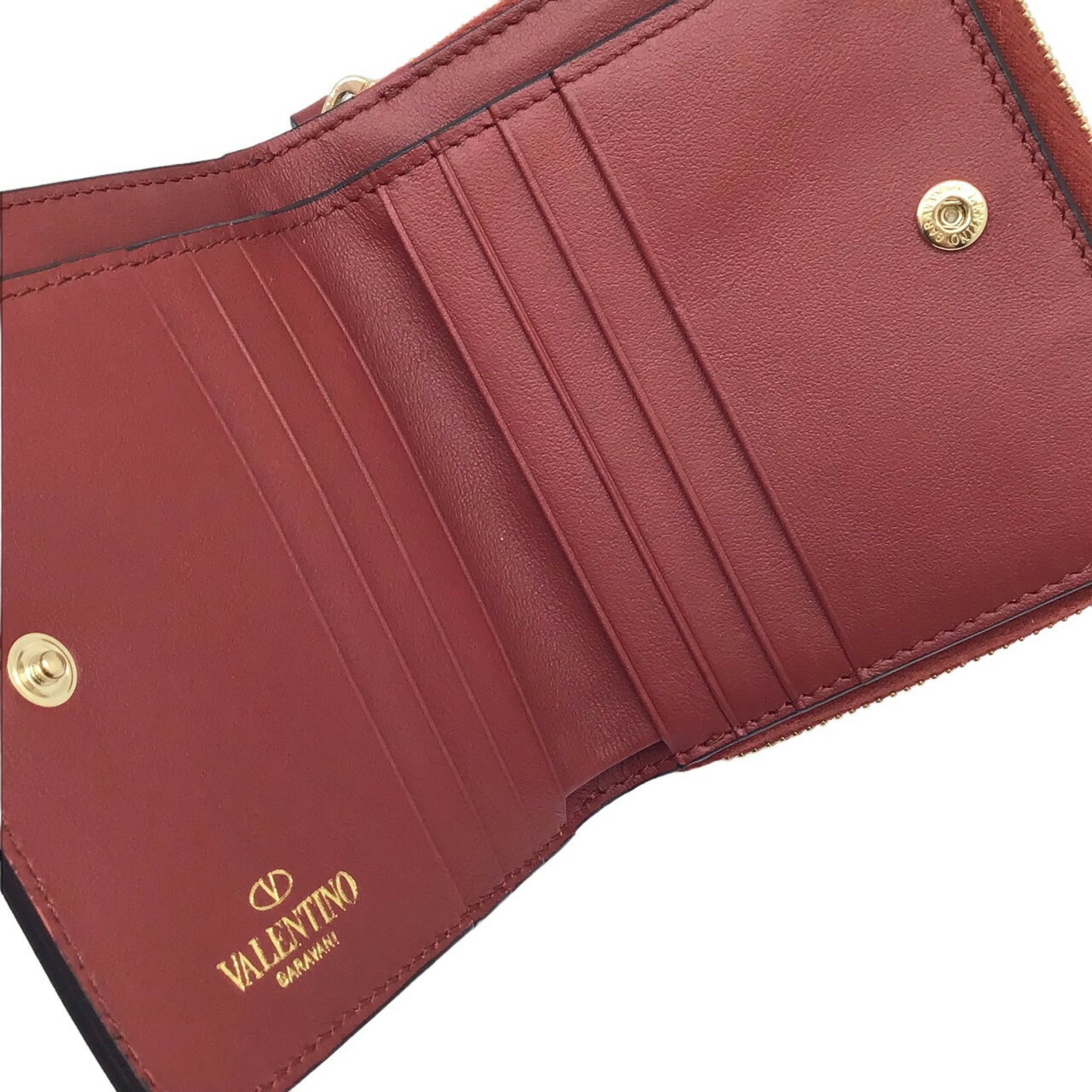 Valentino VALENTINO Bi-fold Wallet Rockstud Compact Leather Red QW2P0649 Gold Metal Fittings Women's