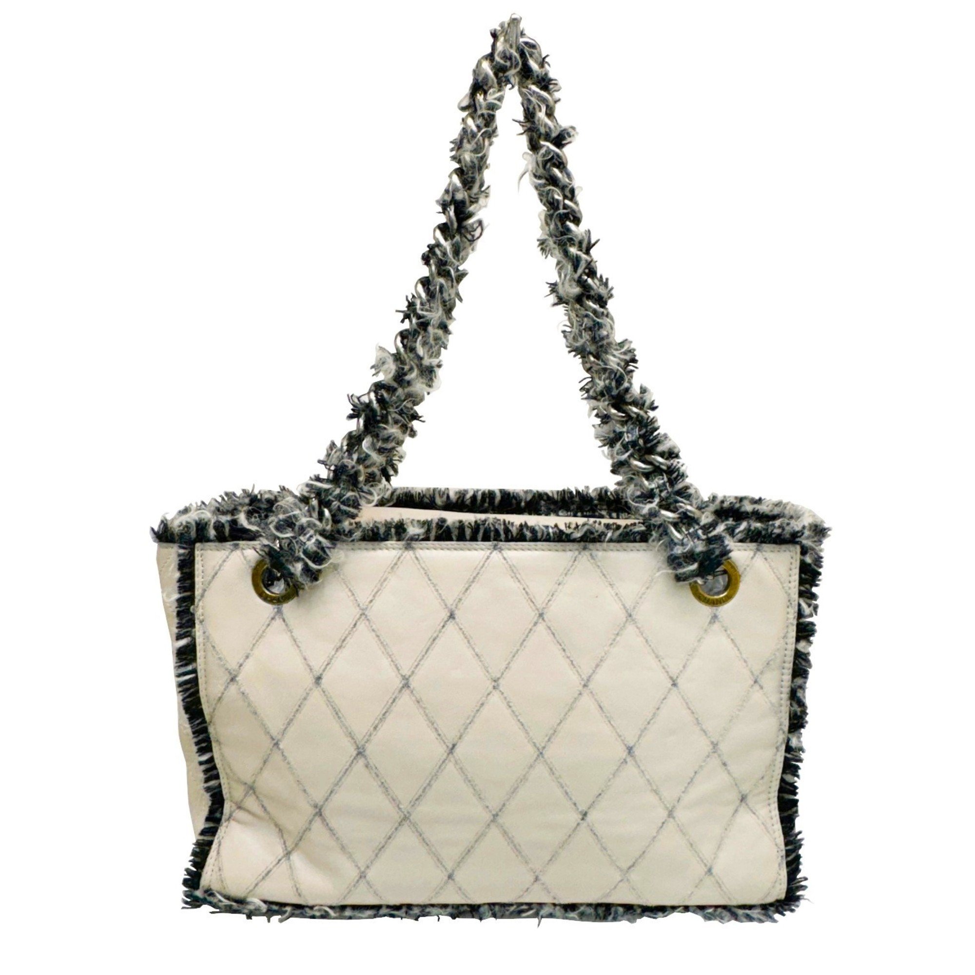 CHANEL Coco Mark Matelasse Chain Tote 15 Series Tweed Leather Bag Women's Beige Black