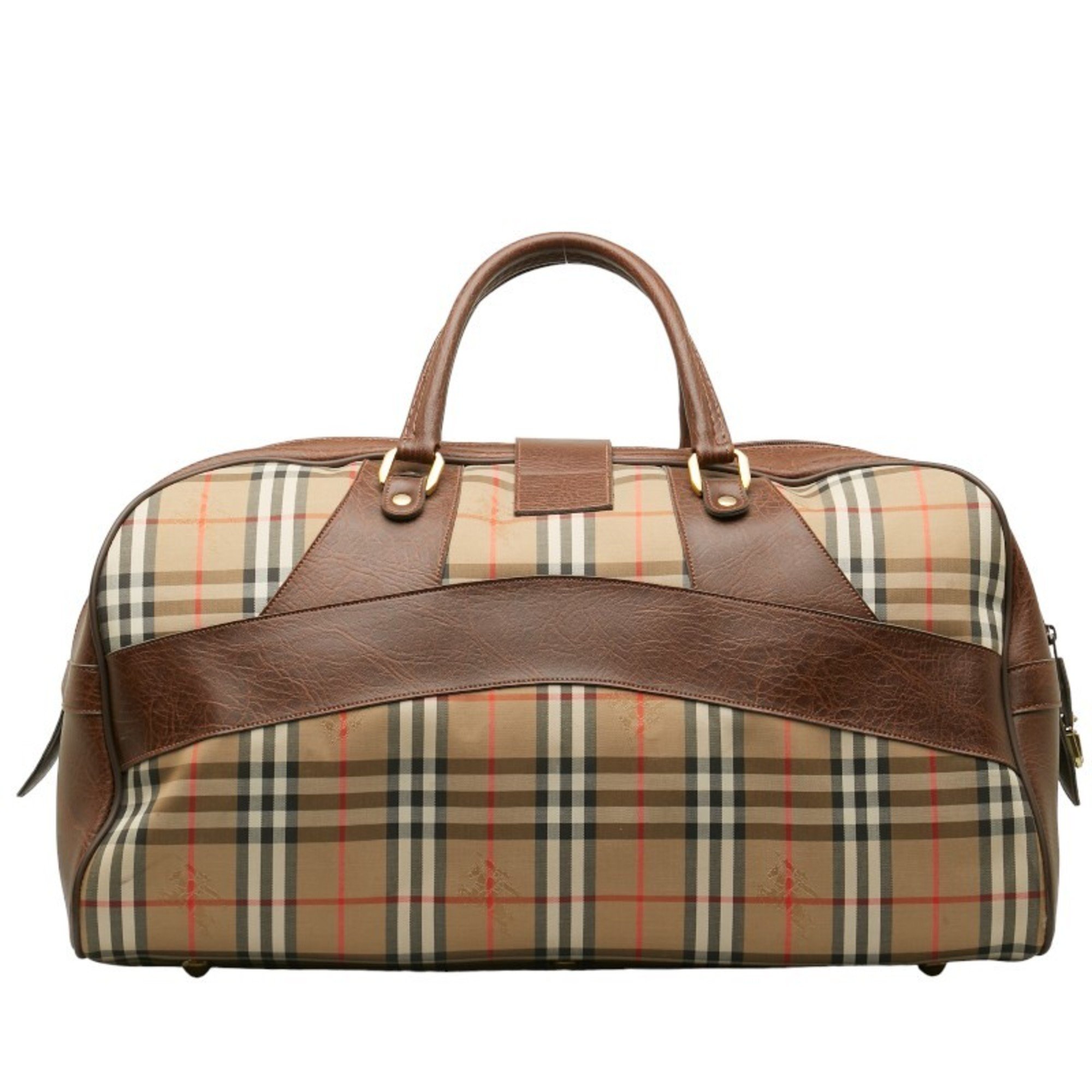 Burberry Nova Check Shadow Horse Boston Bag Beige Brown Canvas Leather Women's BURBERRY